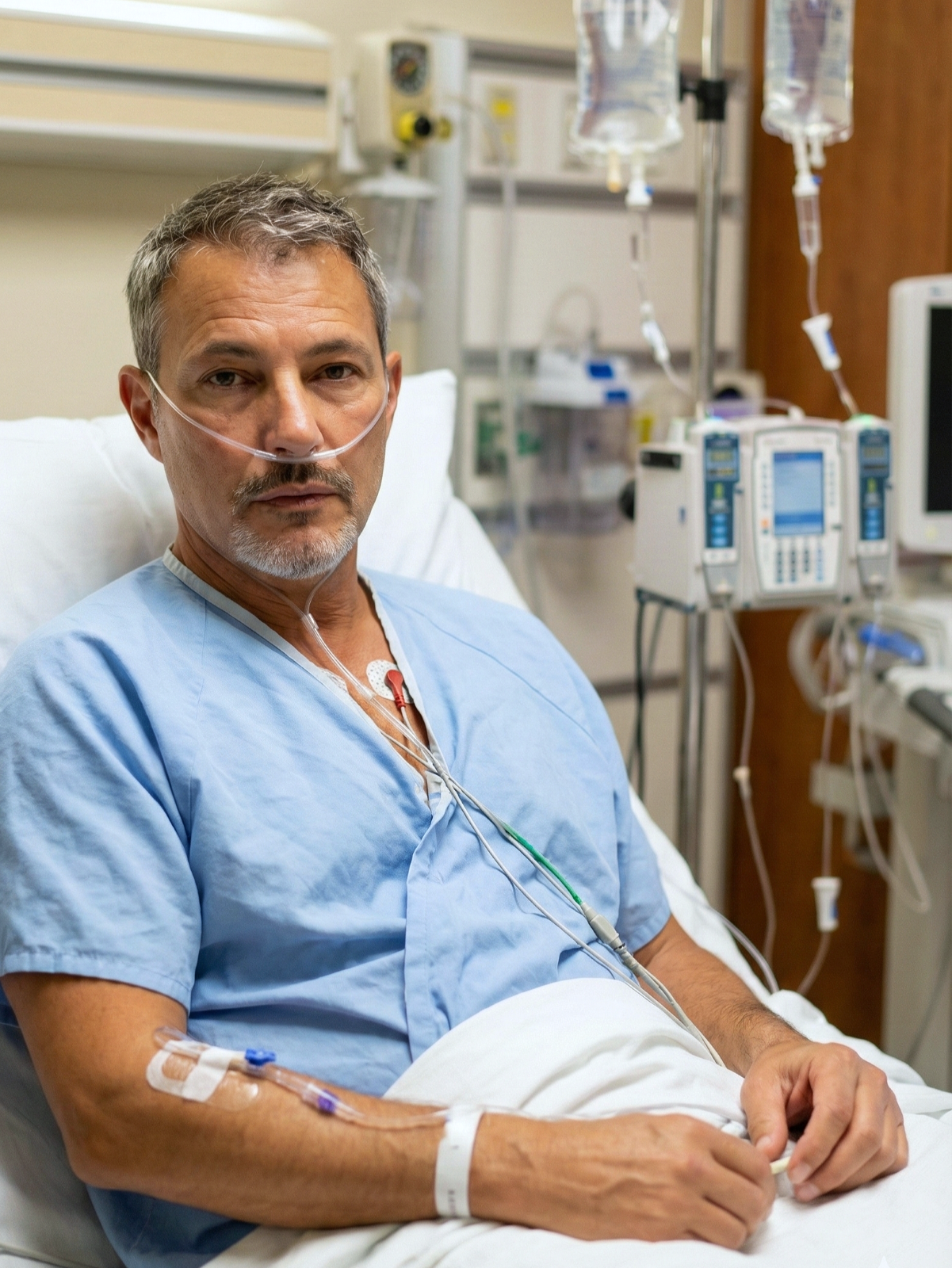 Joey Montes sitting in a hospital bed wearing a blue gown, nasal oxygen cannula, and heart monitor wires.