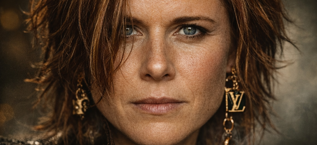 Close-up artistic portrait of Dawne Montes looking directly at the camera, wearing gold Louis Vuitton logo earrings.