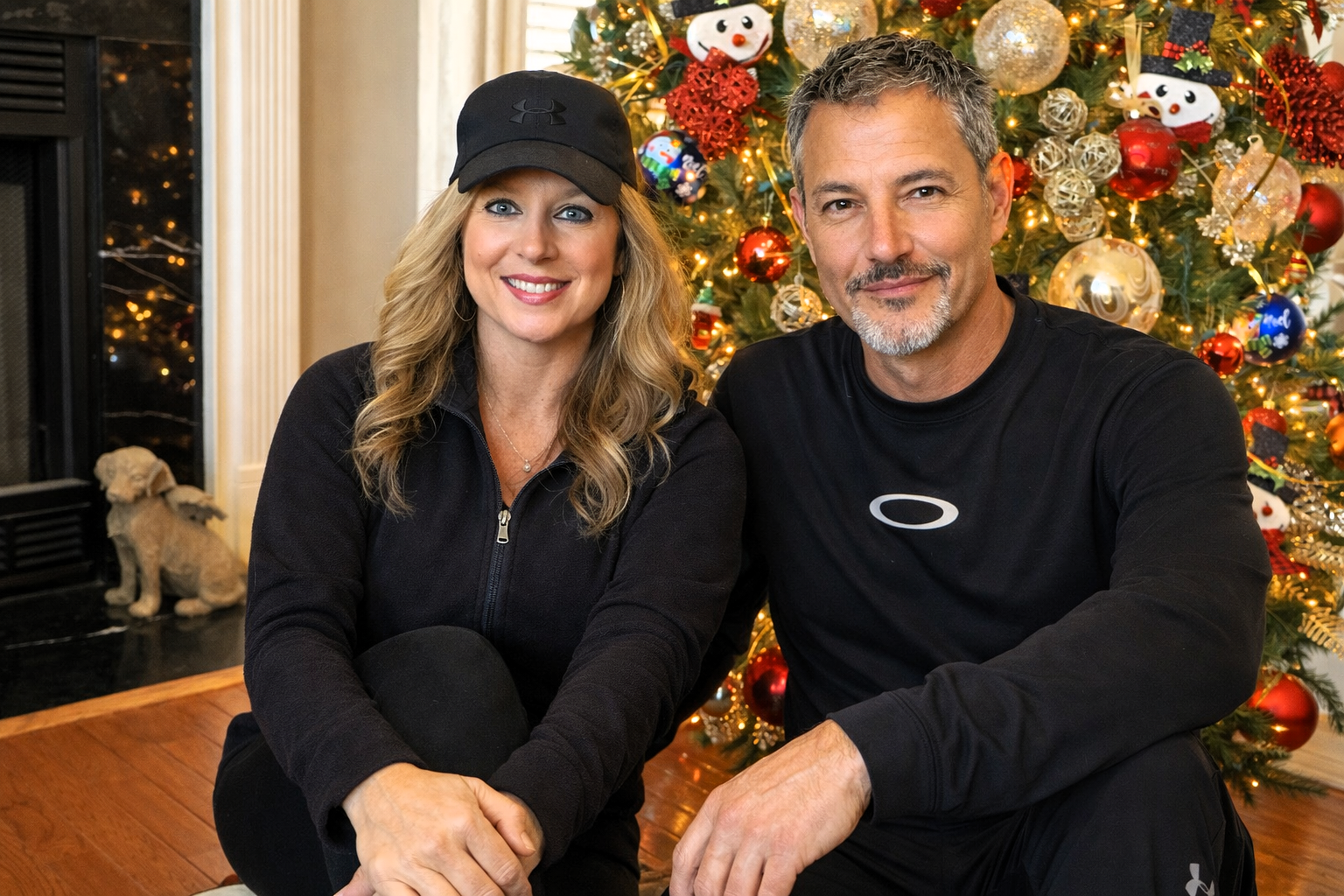 Portrait of Heather Killebrew and Joey Montes sitting on the floor in front of a lit Christmas tree.
