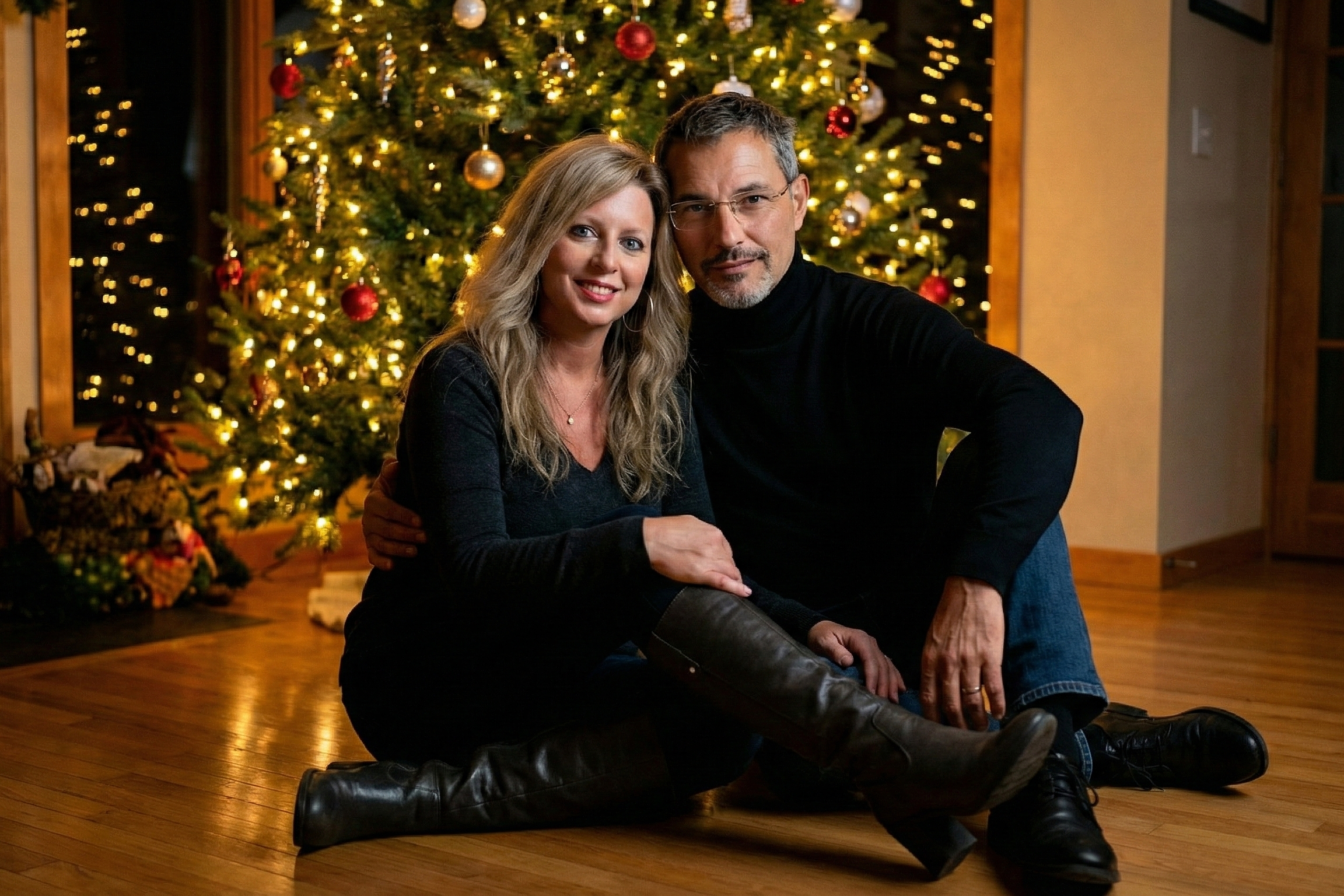 Formal holiday portrait of Joey in a turtleneck and Heather in boots sitting by the Christmas tree.