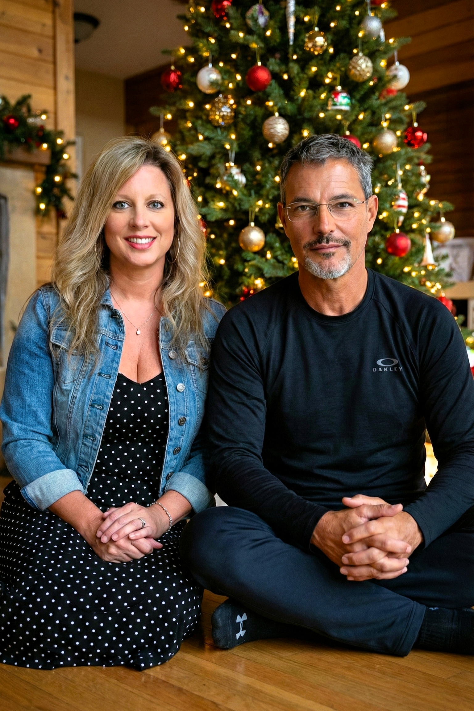 Heather Killebrew in a denim jacket and Joey Montes sitting cross-legged for a Christmas photo.