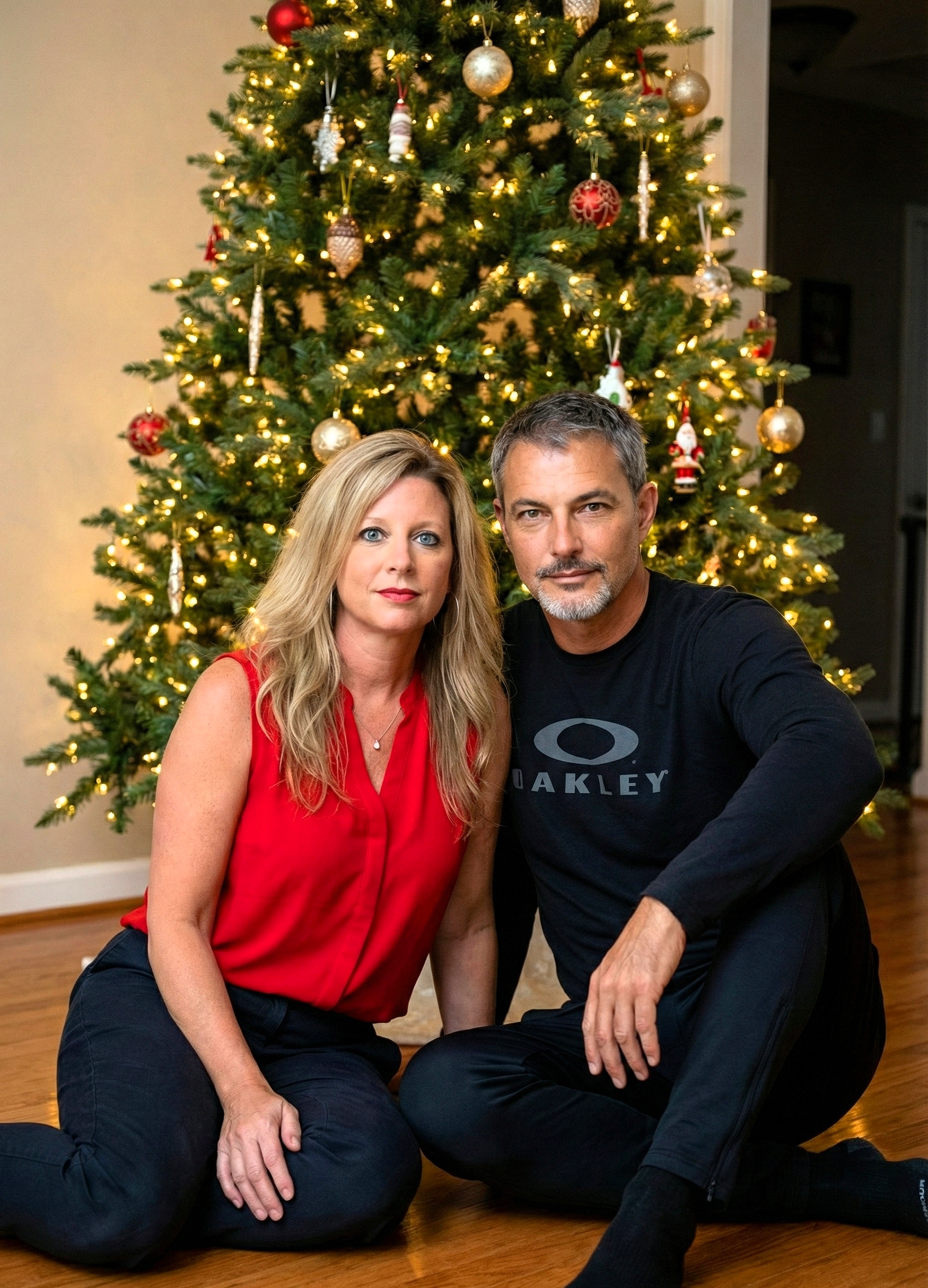 Heather Killebrew wearing a red sleeveless top posing with Joey Montes by the tree.