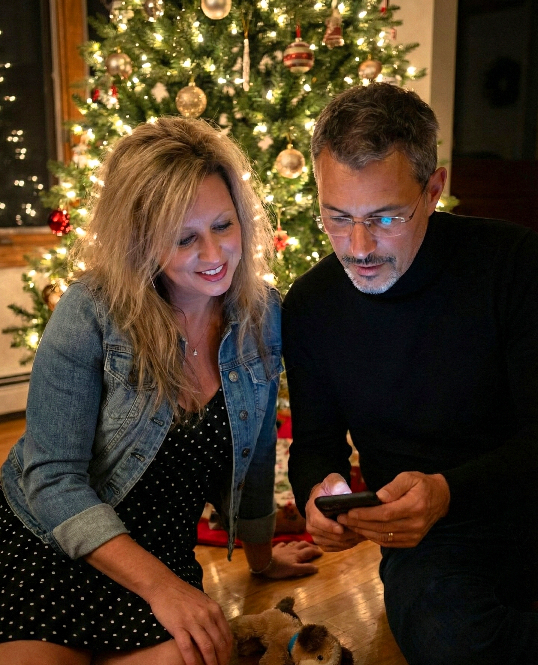 Joey Montes and Heather Killebrew looking at a phone screen together by the Christmas tree.