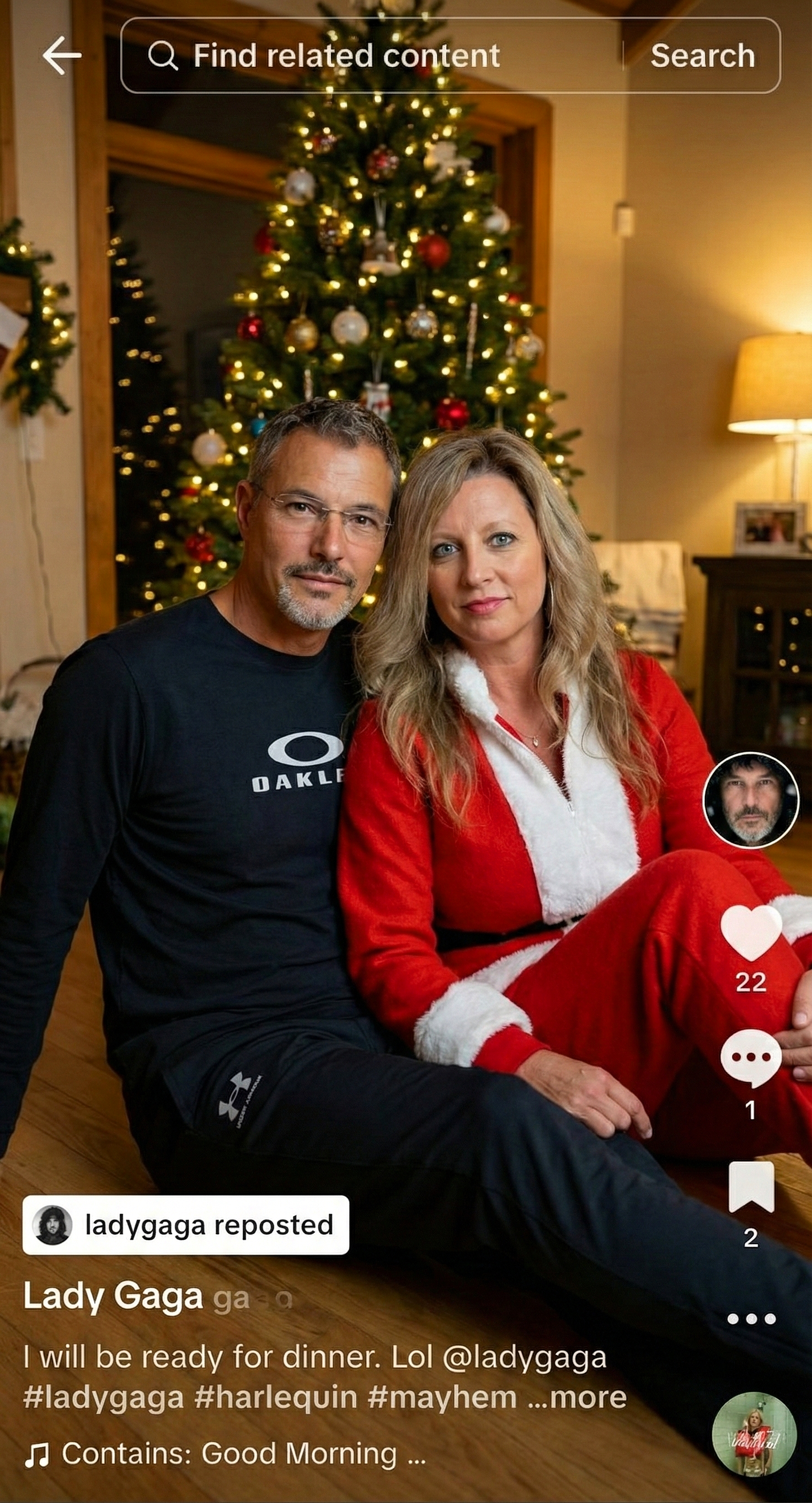 Social media screenshot showing a Lady Gaga repost of Joey and Heather's Christmas photo.