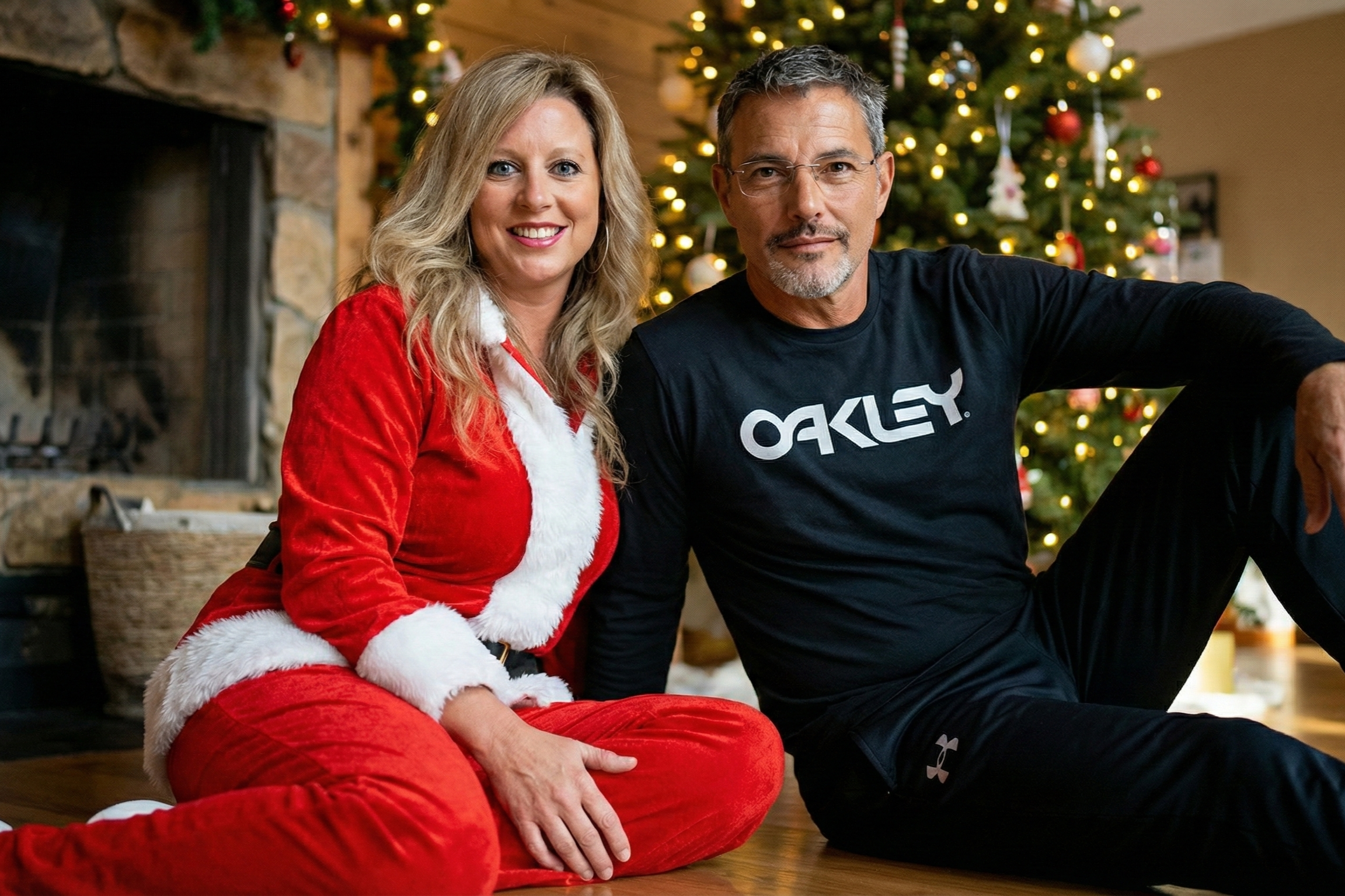 Joey Montes and Heather Killebrew sitting by the tree. Heather is in a Santa suit, Joey in black Oakley shirt.