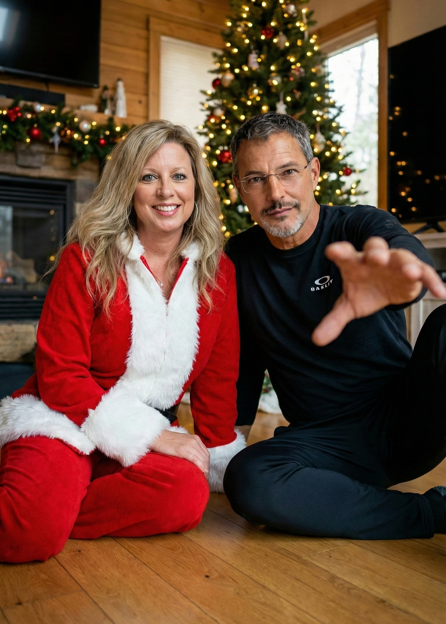 Joey Montes reaching out toward the camera while sitting with Heather Killebrew in a Santa suit.