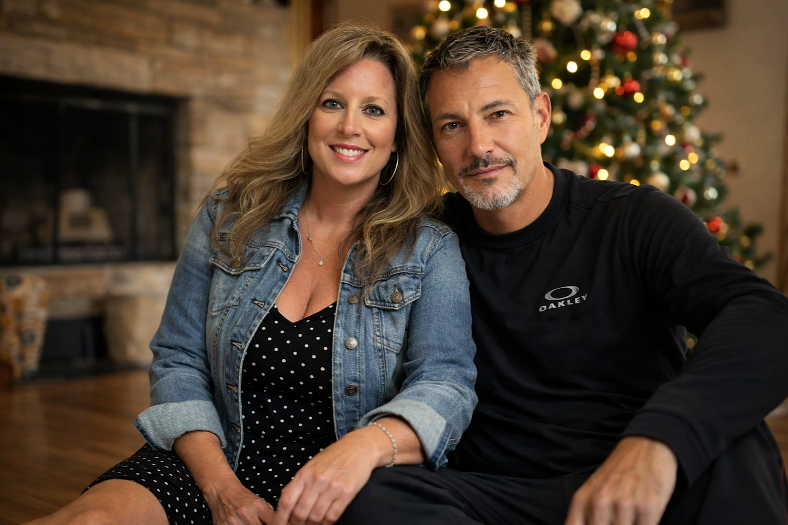 Joey Montes and Heather Killebrew sitting together for a portrait. Heather wears a denim jacket over a polka dot dress.