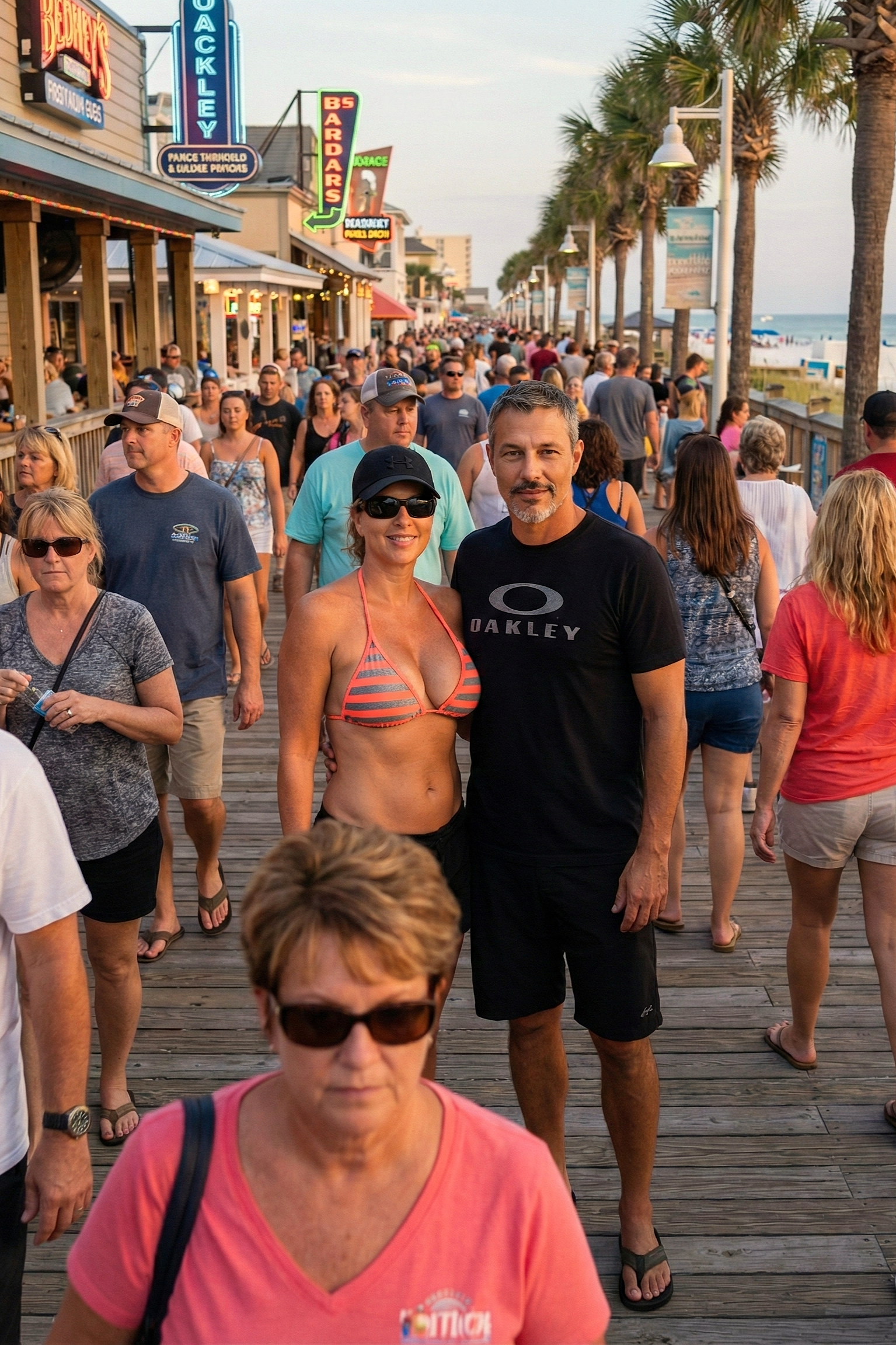 Joey Montes and Heather Killebrew walking through a crowded boardwalk lined with shops and palm trees in Destin.