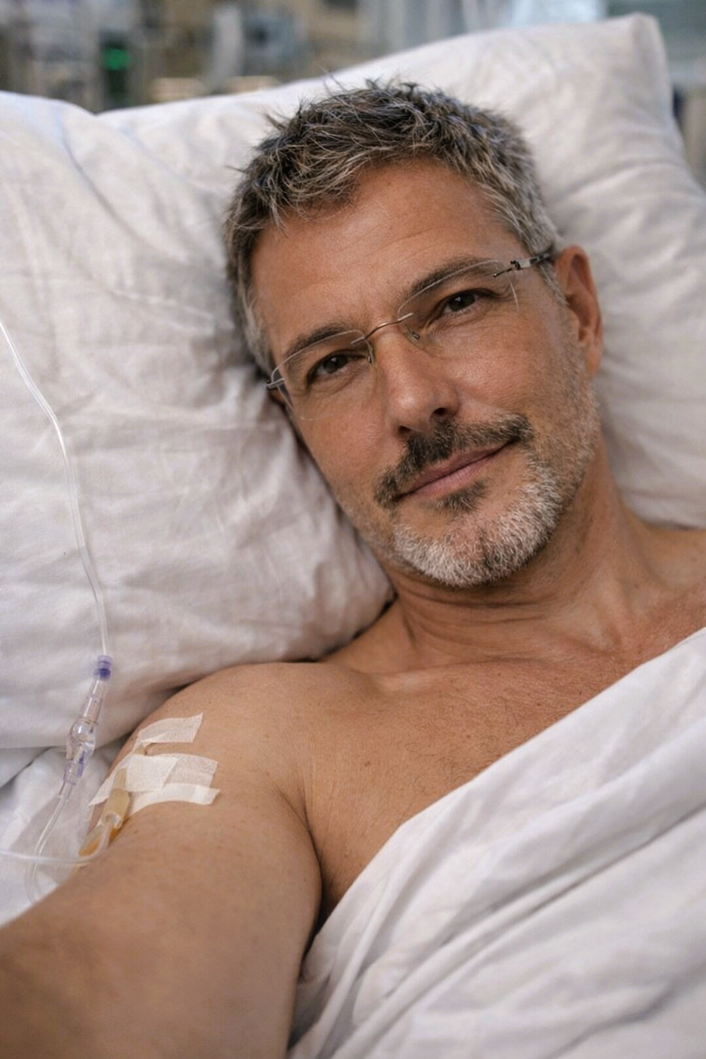 Close-up of Joey Montes lying in a hospital bed with an IV line in his arm, looking tired but resilient.