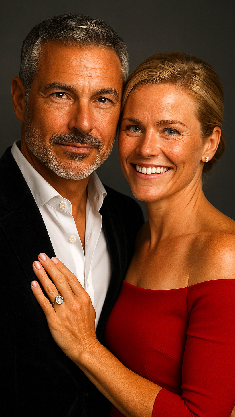 High-fashion studio portrait of a sophisticated couple — man in black velvet blazer, woman in red off-the-shoulder dress with diamond engagement ring