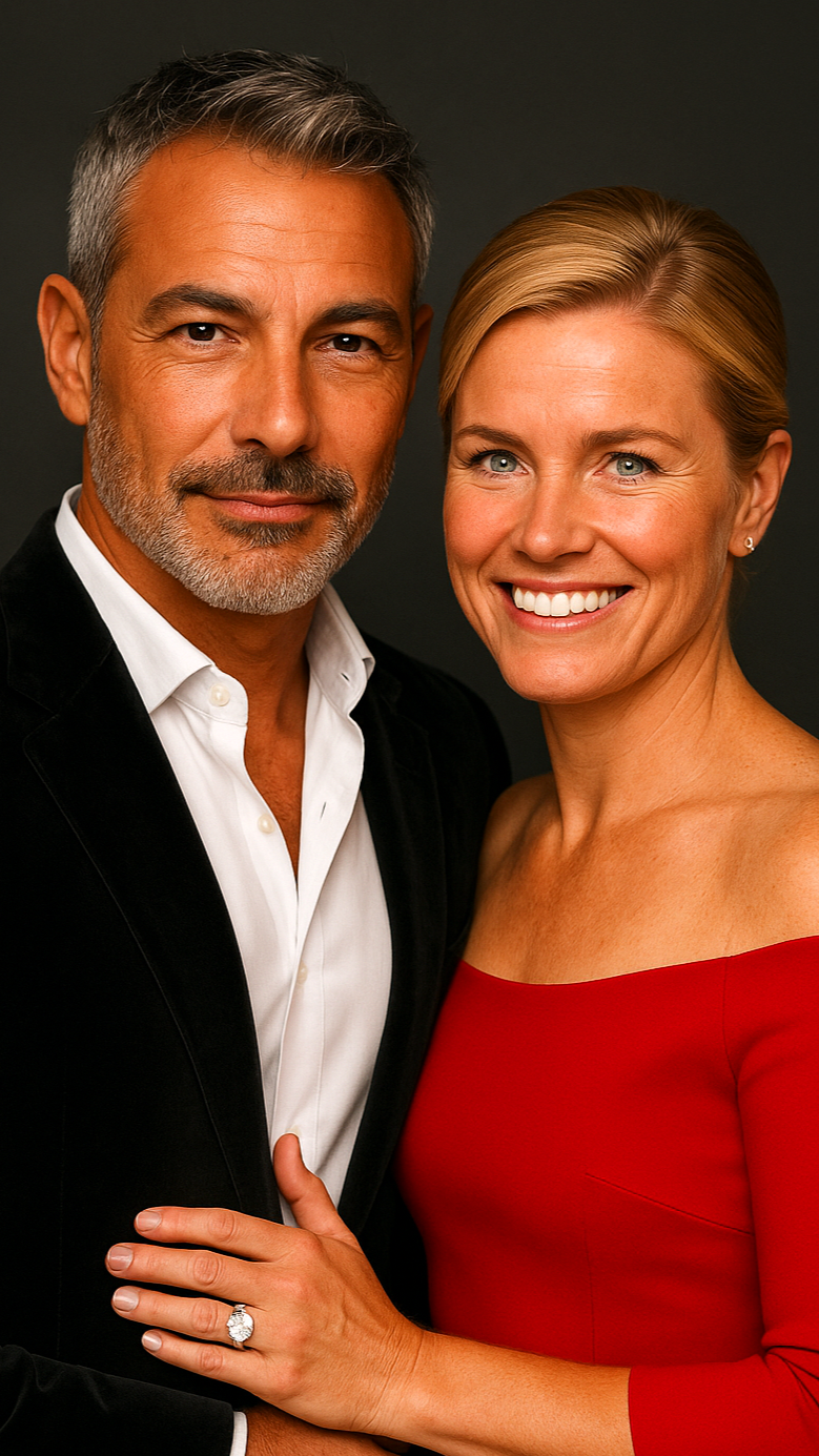 High-fashion studio portrait of a sophisticated couple — man in black velvet blazer, woman in red off-the-shoulder dress with diamond engagement ring