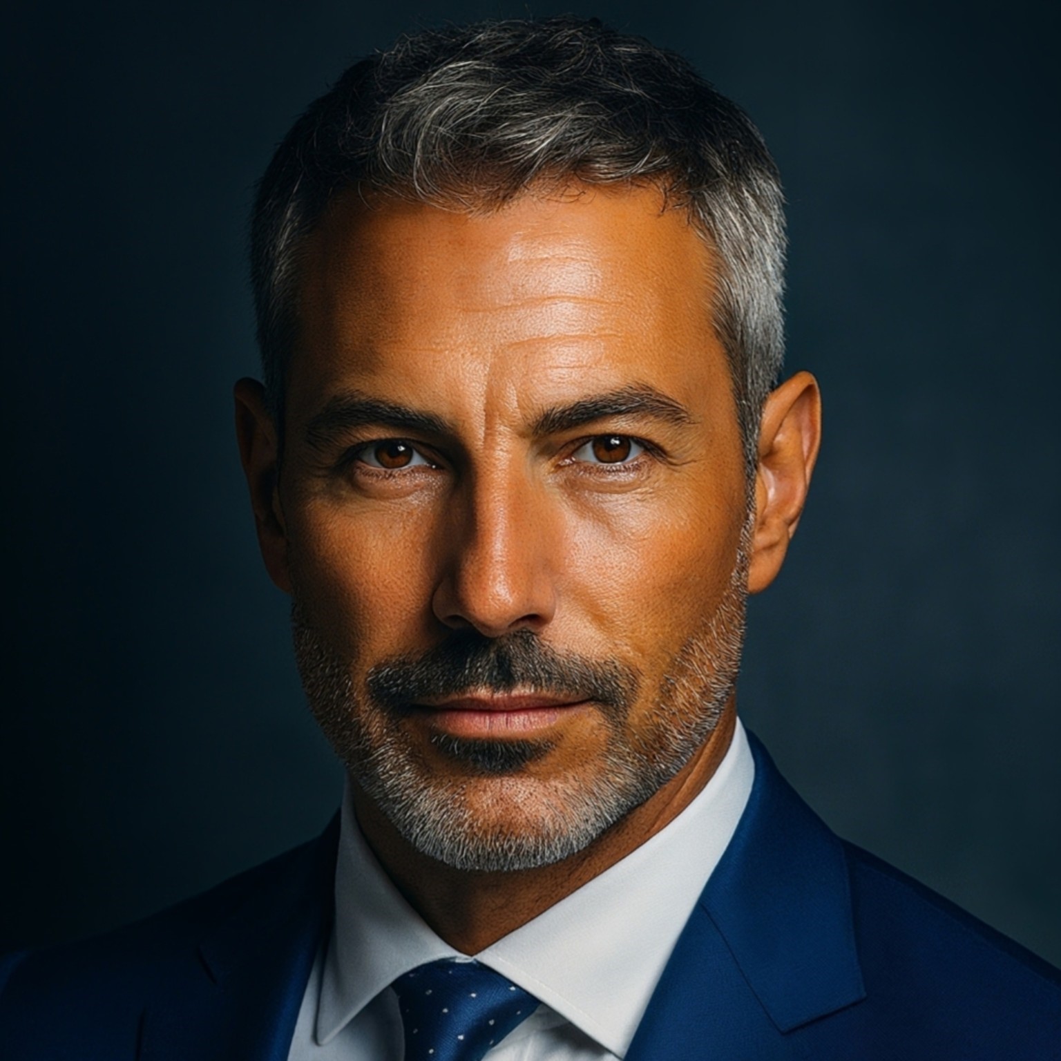 Square, close-up executive portrait in navy suit