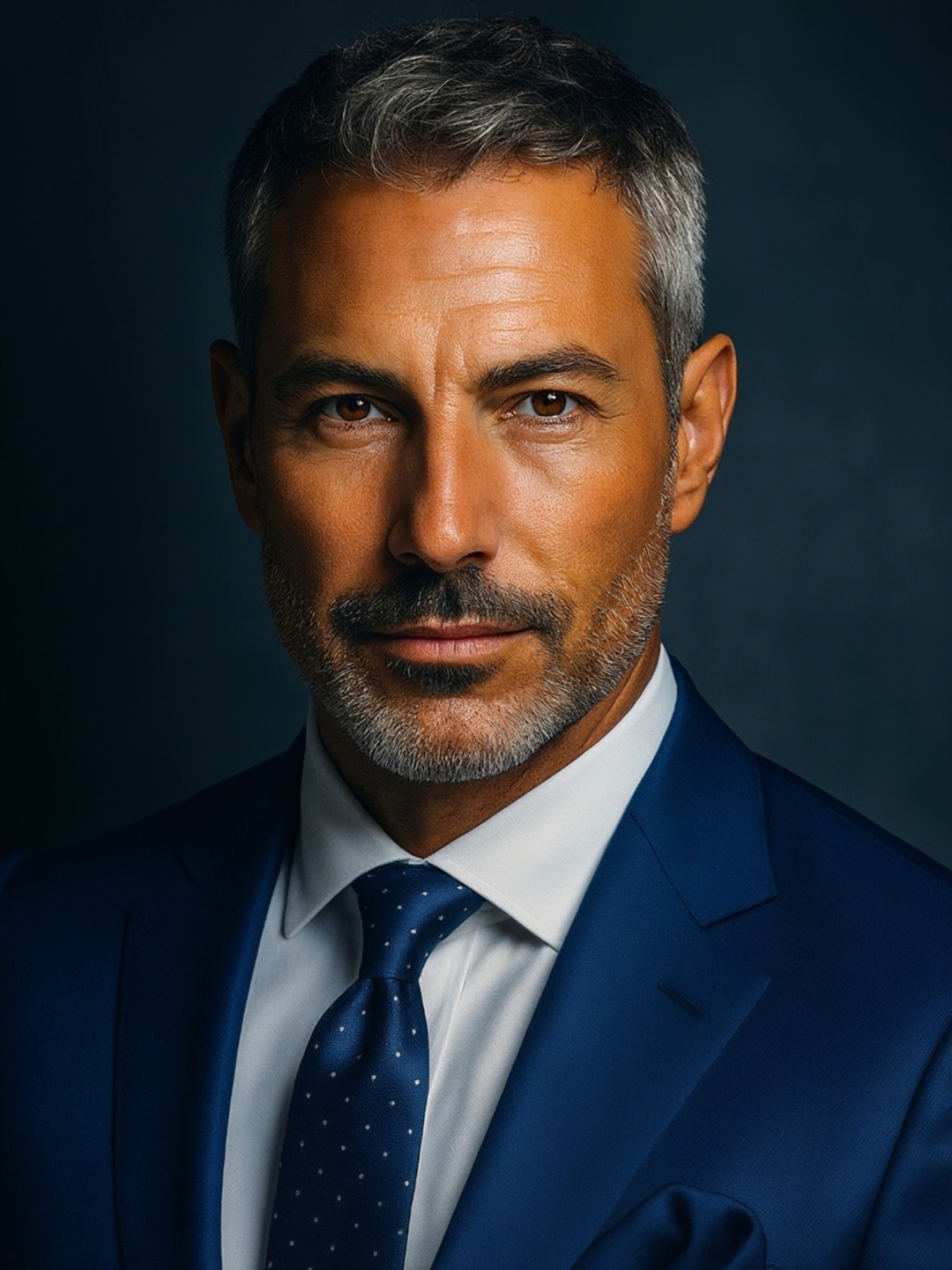 Executive headshot in navy suit with dotted tie