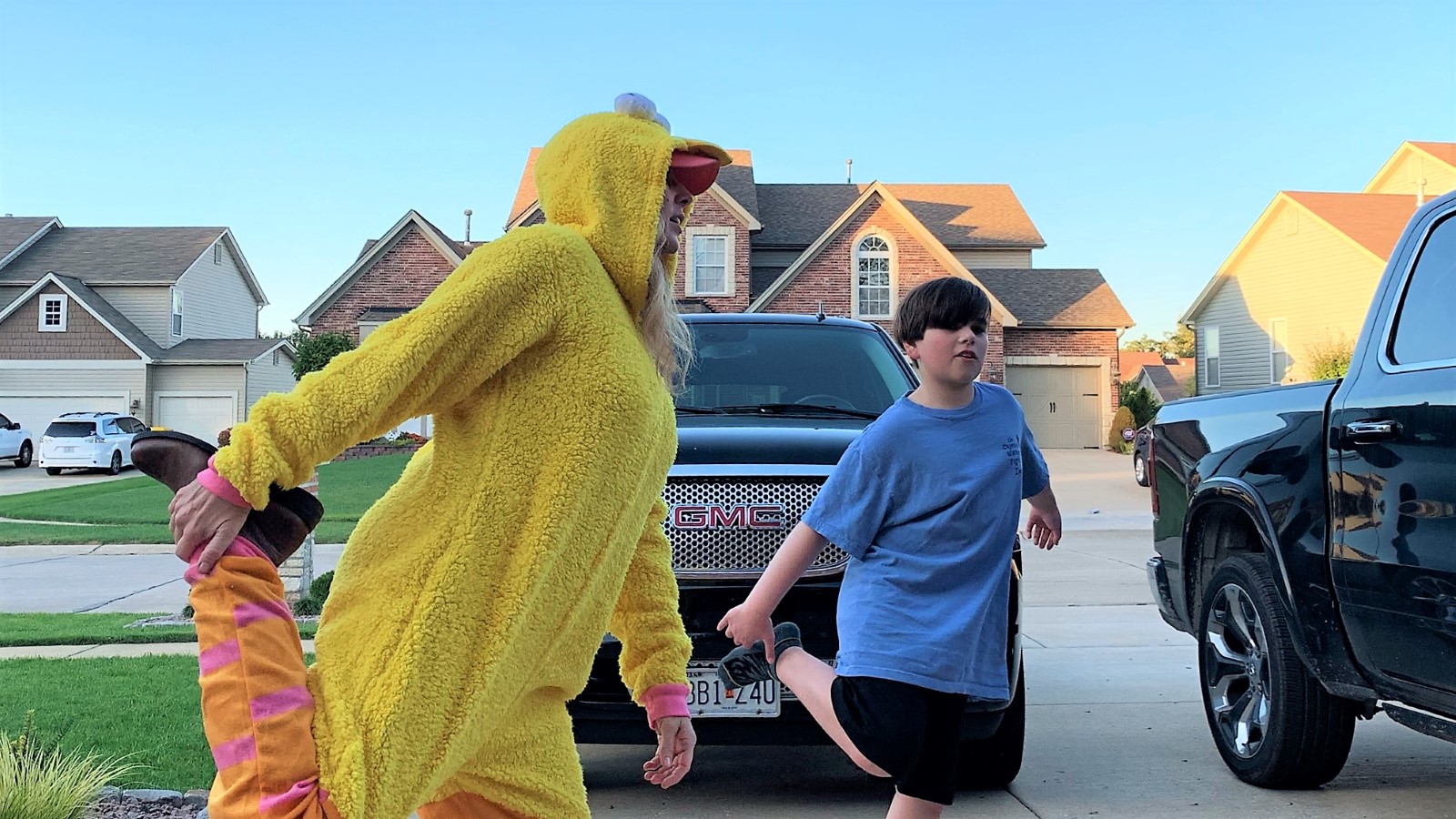 Heather Killebrew and Adam doing some stretching.