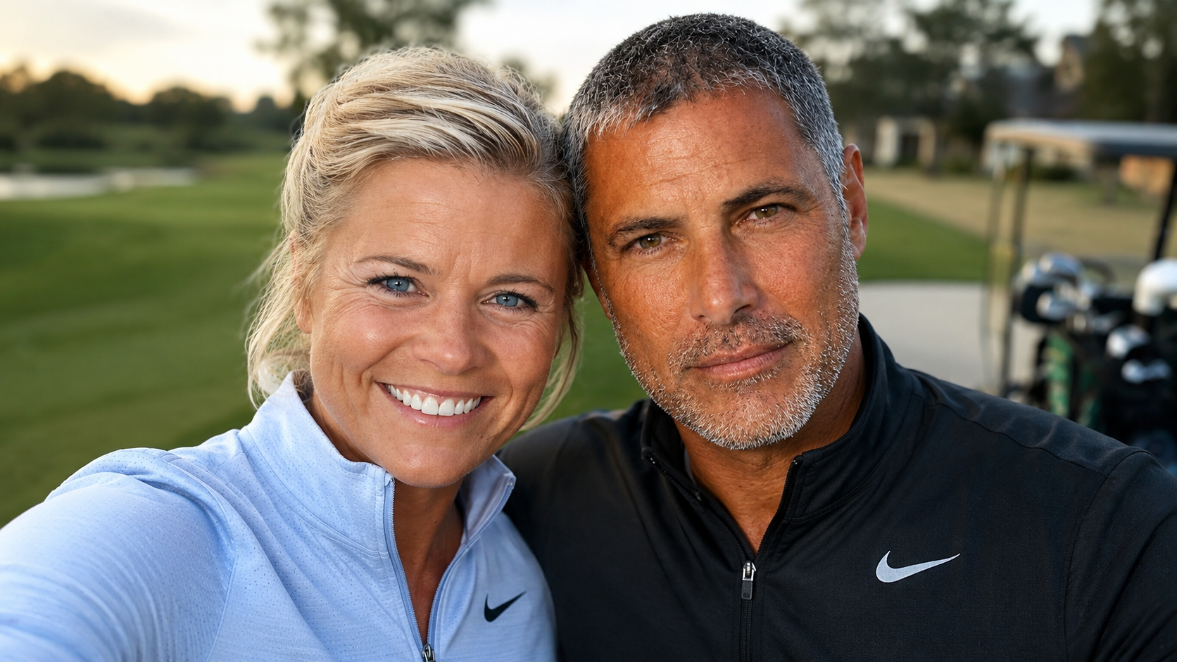 A realistic projection of jrm and Dawne twenty-five years in the future, sharing a moment on a golf course.