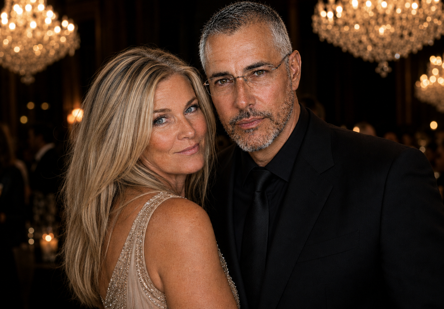 Joey and Dawne dressed in formal evening wear, standing close together in an elegant room illuminated by crystal chandeliers.