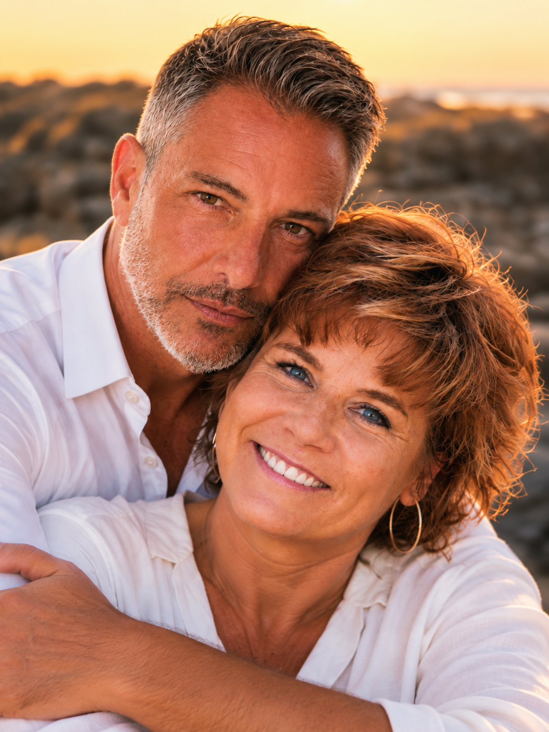 Dawne and Joey embracing in warm evening sunlight in July 2016, both wearing white shirts.