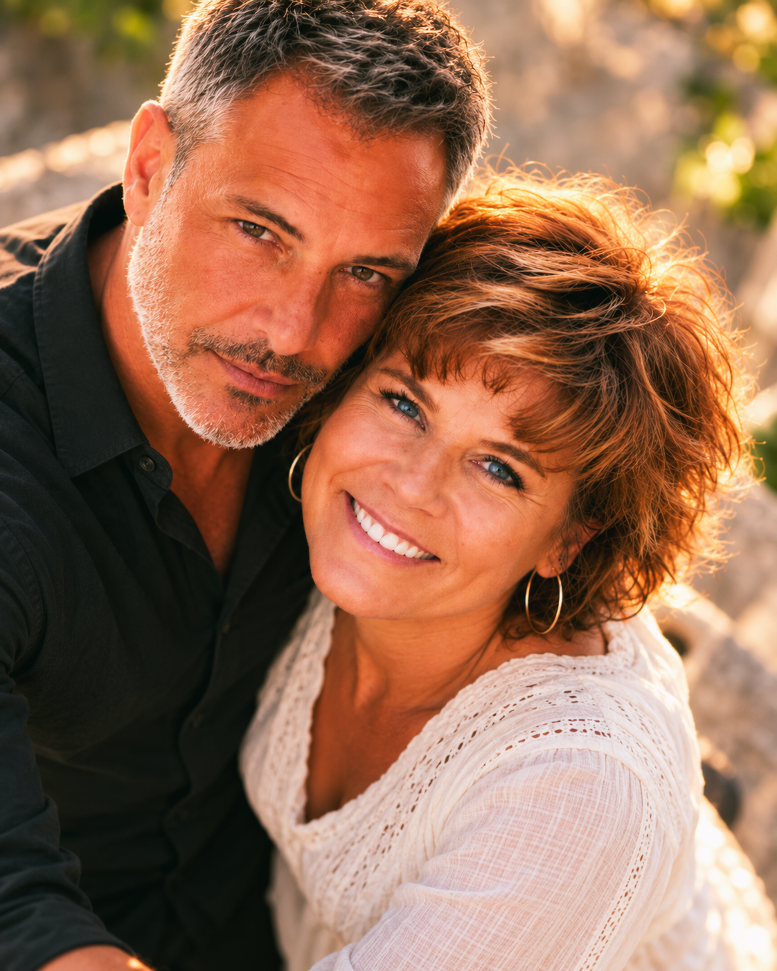 Dawne and Joey leaning close together in warm evening sunlight in July 2016. Joey wears a black shirt and Dawne wears a white top.