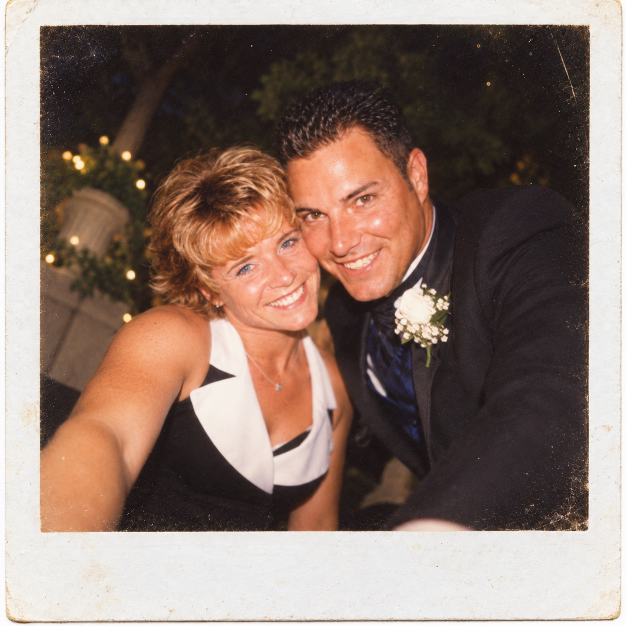 Dawne and Joey smiling for a close photograph together, captured in vintage instant-film style.