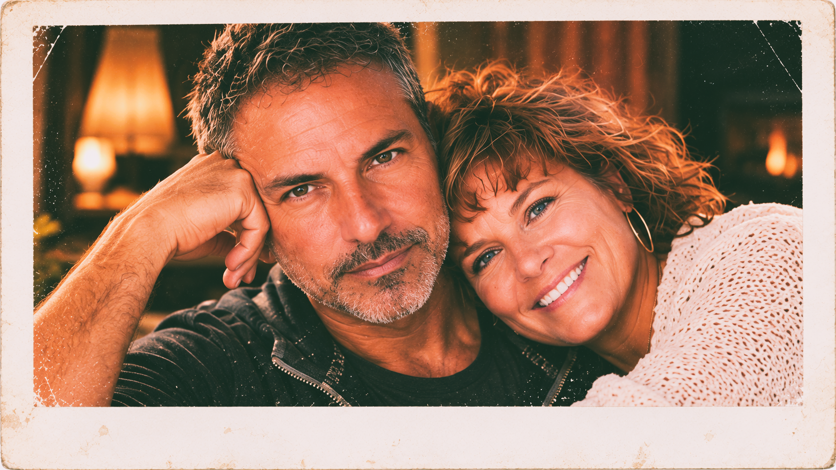 Reimagined vintage Polaroid-style portrait of Joey and Dawne together, with Dawne resting her head against Joey and smiling in warm indoor light.