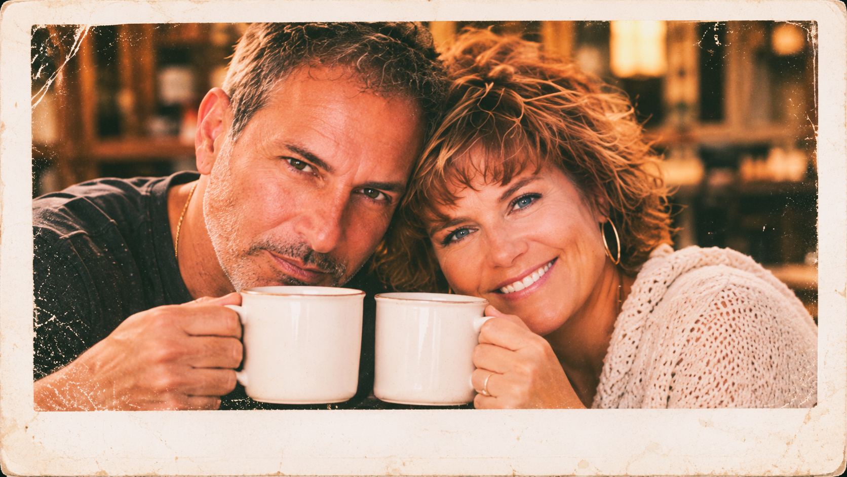 Reimagined vintage Polaroid-style portrait of Joey and Dawne sitting close together, smiling and holding white coffee mugs in warm indoor light.