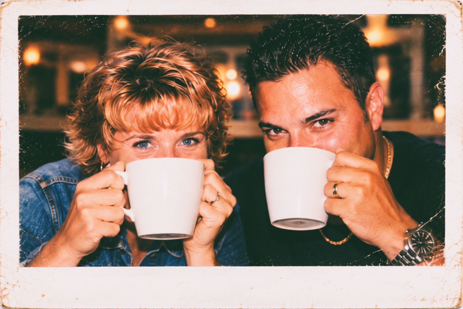 Reimagined vintage Polaroid-style portrait of Dawne and Joey holding white coffee mugs close to their faces, with their eyes visible above the cups. Dawne wears a denim shirt, and Joey wears a black shirt.