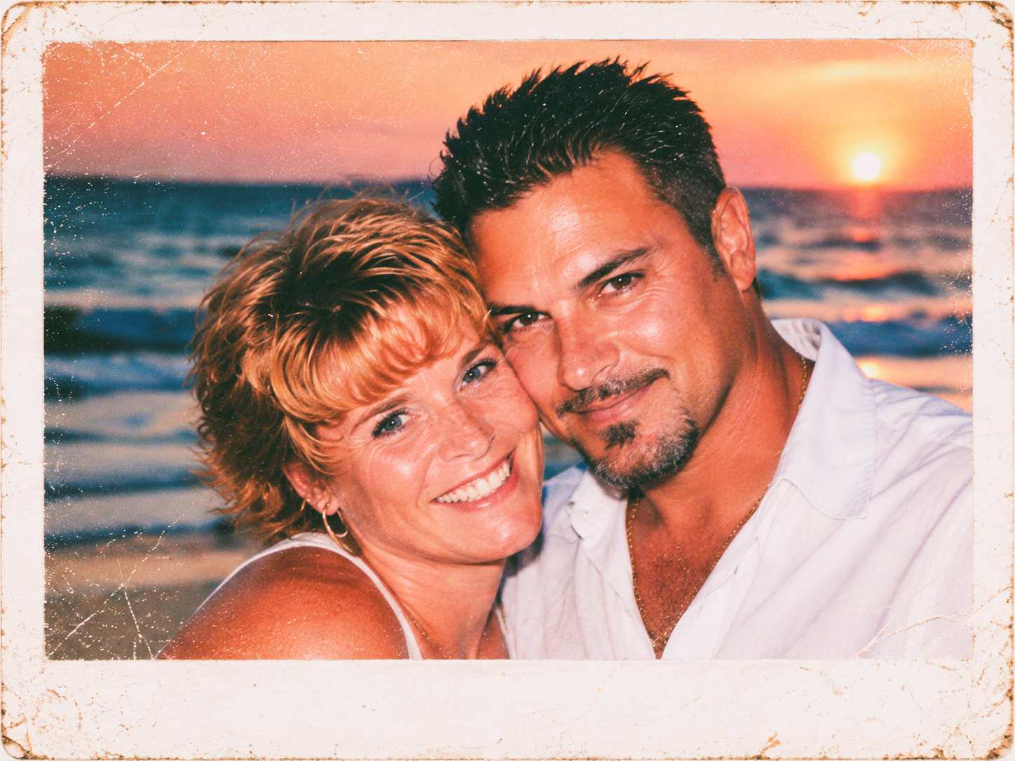 Reimagined vintage Polaroid-style portrait of Dawne and Joey embracing and smiling at the beach during a warm sunset, with the ocean and evening sky behind them.