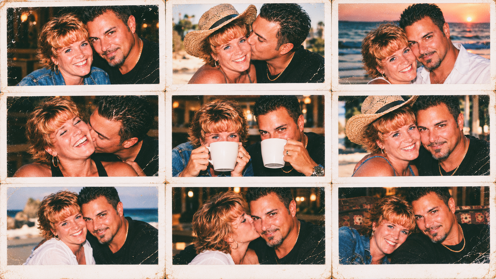 A reimagined nine-frame vintage Polaroid collage of Dawne and Joey smiling, embracing, sharing coffee, and enjoying moments together by the beach and indoors.