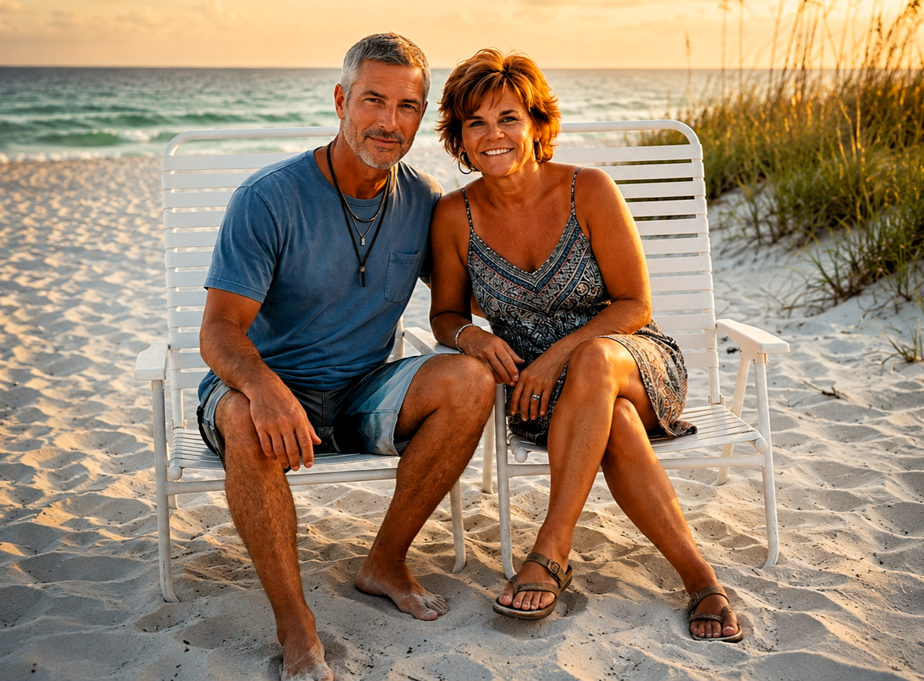 Joey and Dawne smiling together while sitting on white beach chairs during golden hour in Fort Lauderdale, Florida.