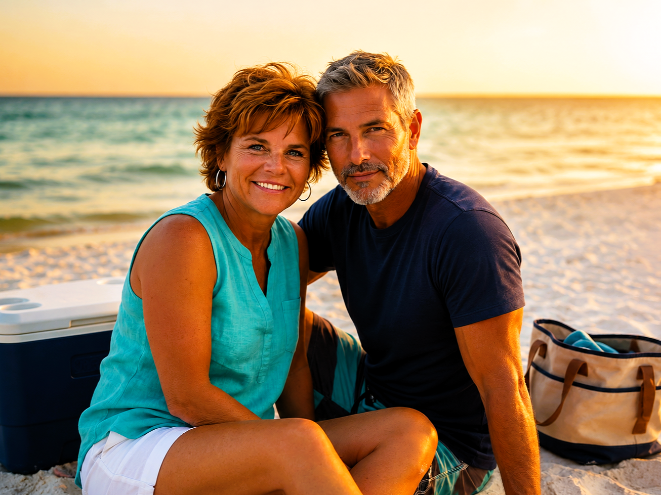 Close-up portrait of Joey and Dawne smiling together on a beach blanket during golden hour in Fort Lauderdale, Florida.