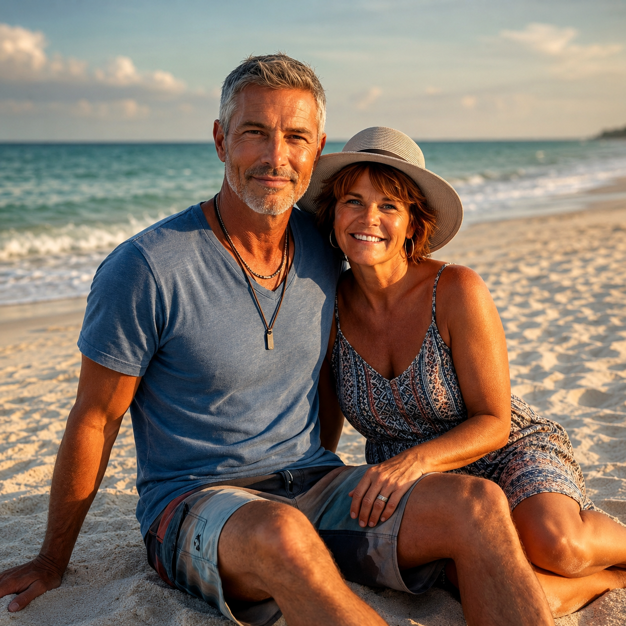 Joey and Dawne sitting closely together on the sand during golden hour in Fort Lauderdale, Florida.