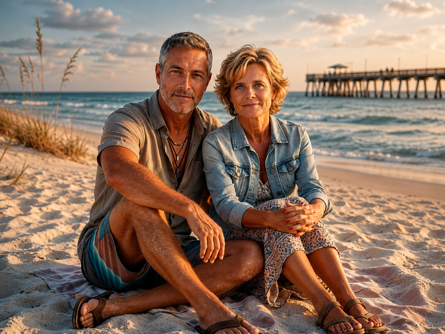Joey and Dawne sitting together on a beach blanket during golden hour with a coastal pier in Fort Lauderdale, Florida.