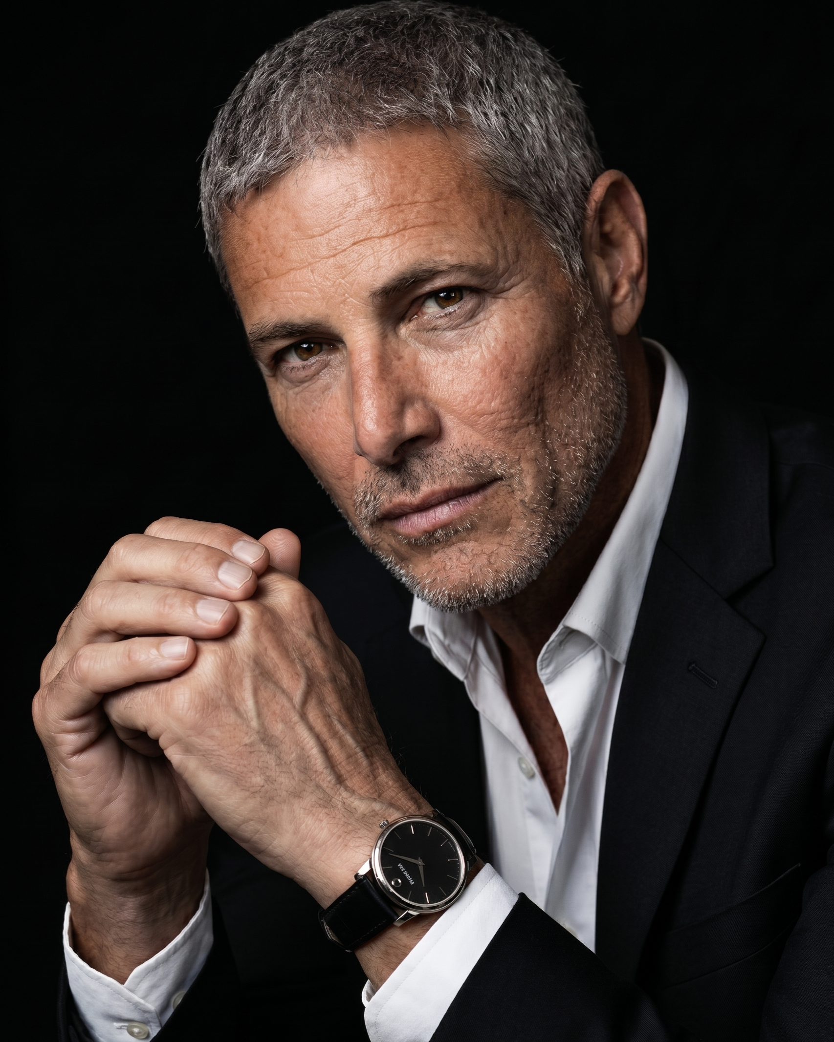 A dignified, high-contrast portrait of jrm at age 57, clasped hands and watch emphasizing the Father Time persona.