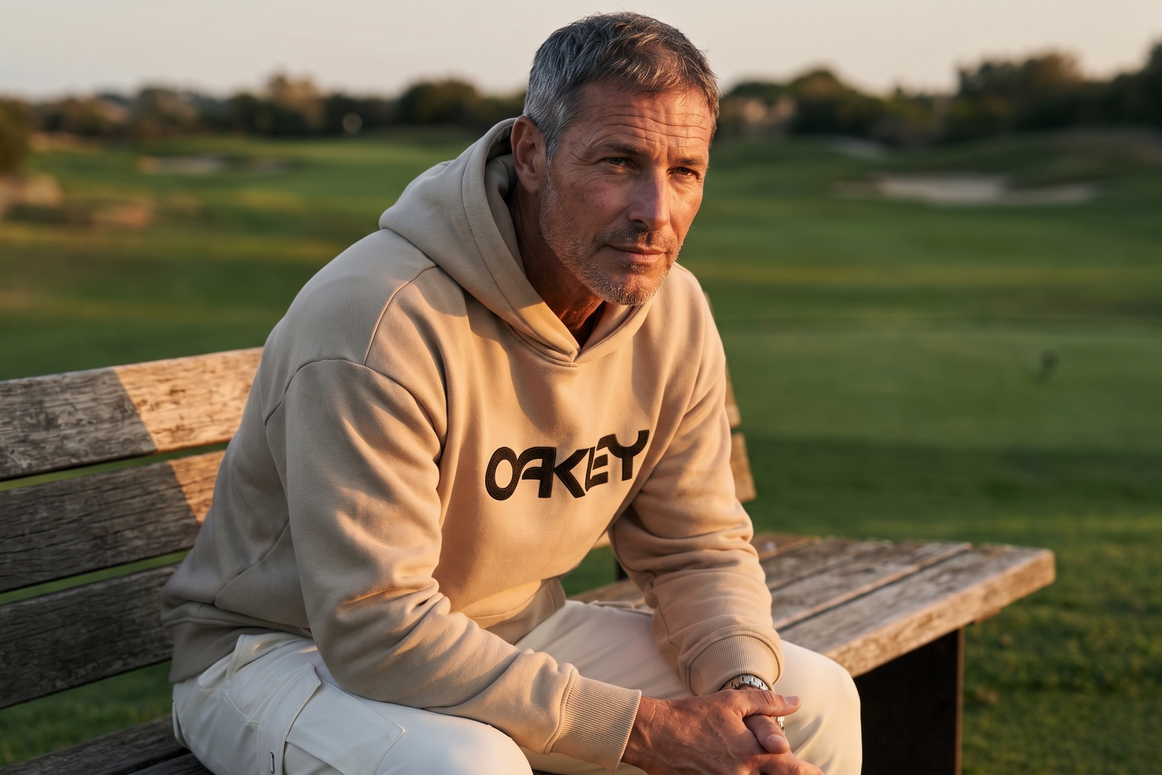 Joey sitting on a weathered wooden bench, deeply lost in reflection during golden hour.