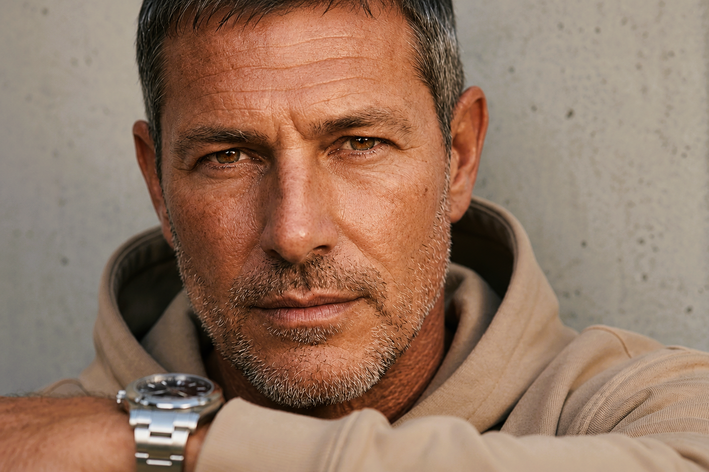 Tight close-up portrait of Joey looking directly into the camera, leaning against a textured wall, wearing a tan hoodie.