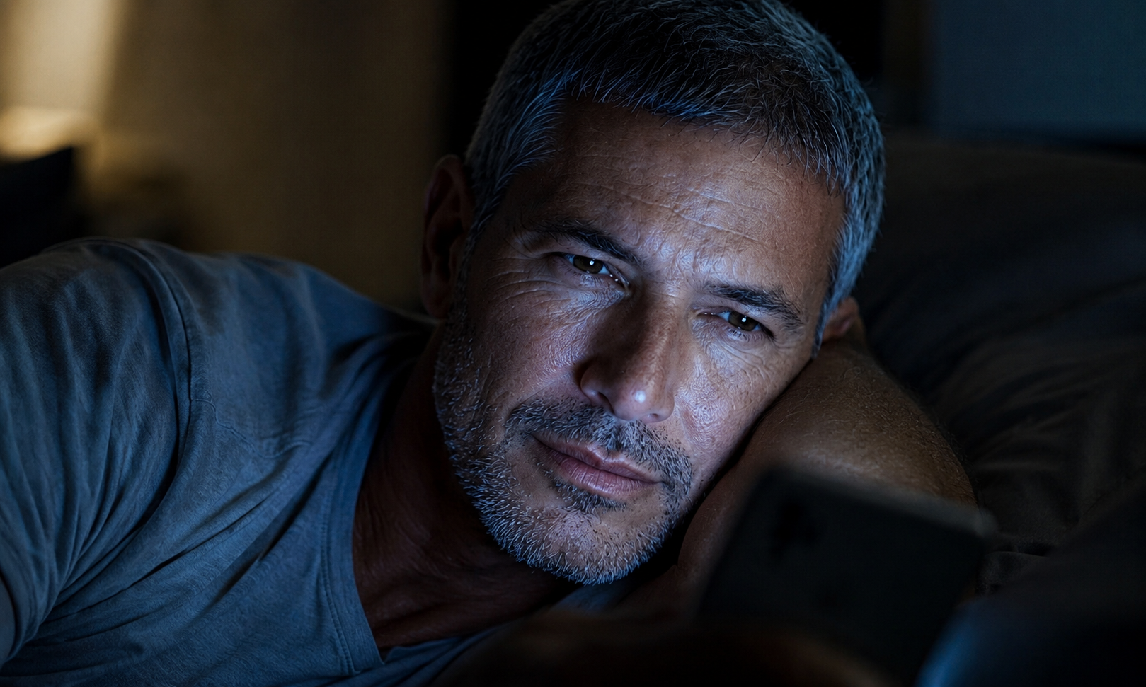 Close-up nocturnal portrait of Joey lying awake in bed, illuminated by the cool blue light of a smartphone screen.
