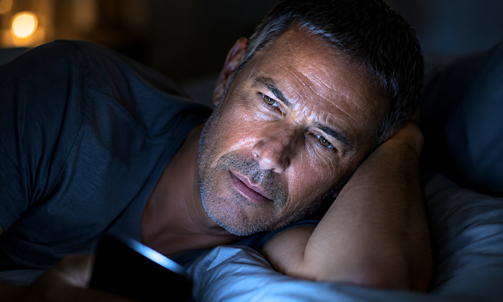 Close-up portrait of Joey lying awake in bed at night, looking thoughtfully upward while illuminated by the blue light of his phone screen.