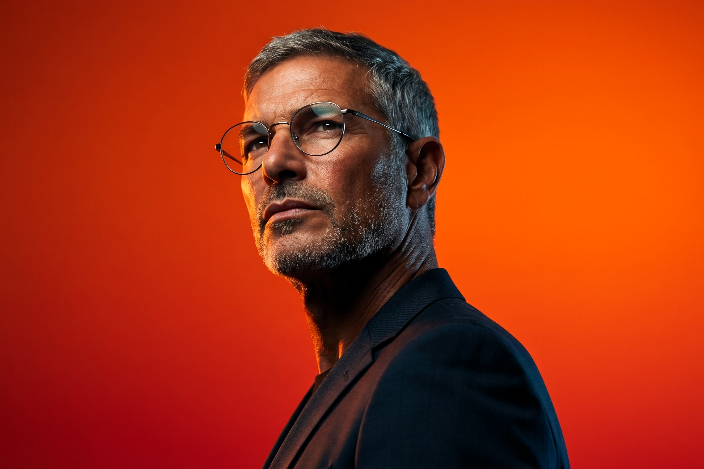 Professional profile portrait of Joey looking upward against a vibrant orange and red background, wearing glasses and a suit jacket.