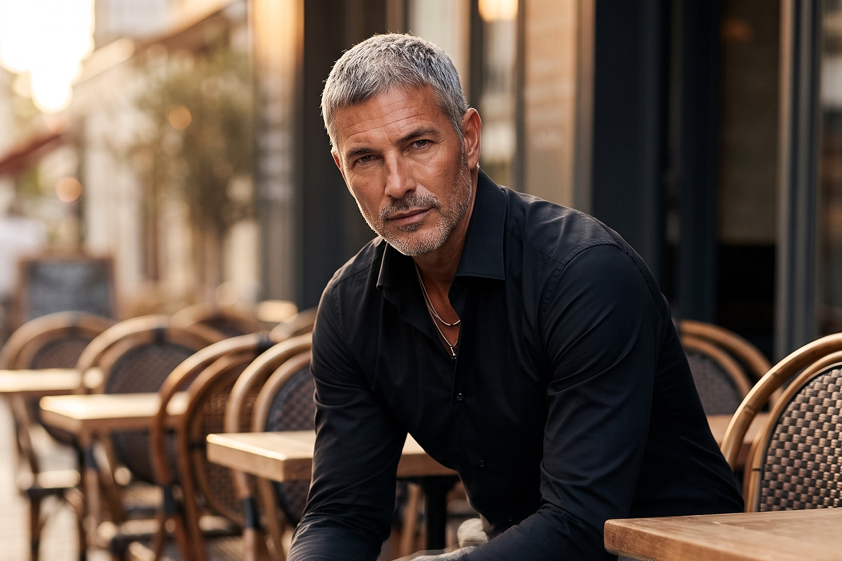 Professional outdoor portrait of Joey sitting at a sidewalk cafe, wearing a black button-down shirt and looking confidently forward.