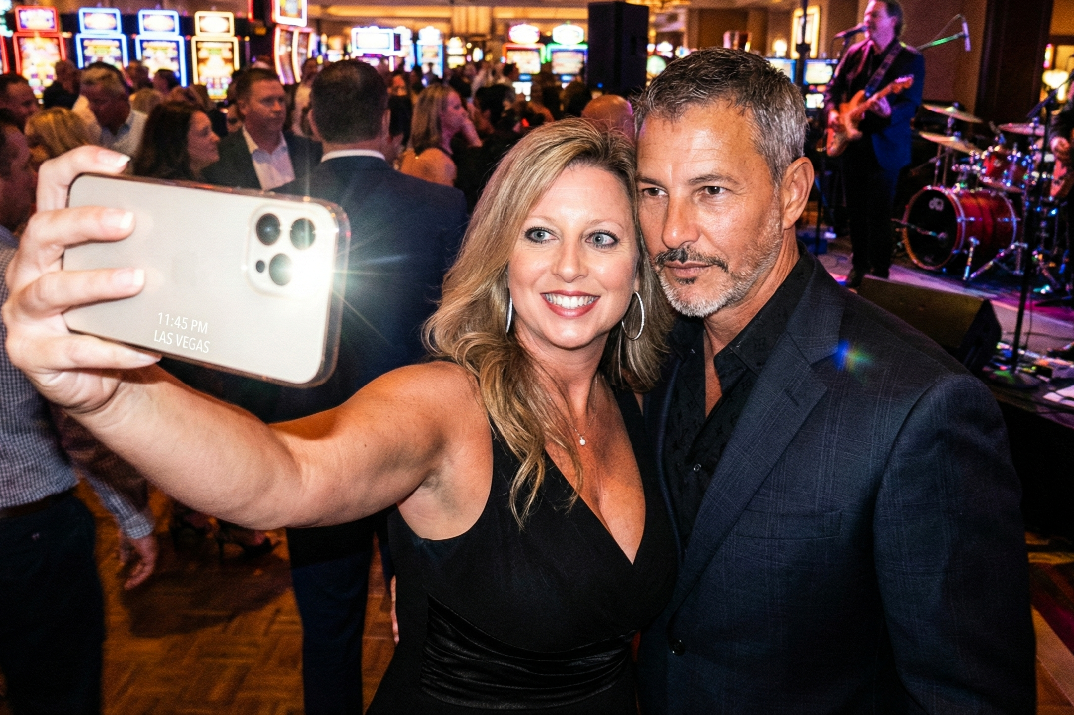 Selfie of Heather Killebrew and Joey Montes in a Las Vegas casino with slot machines in the background and a timestamp reading 11:45 PM.