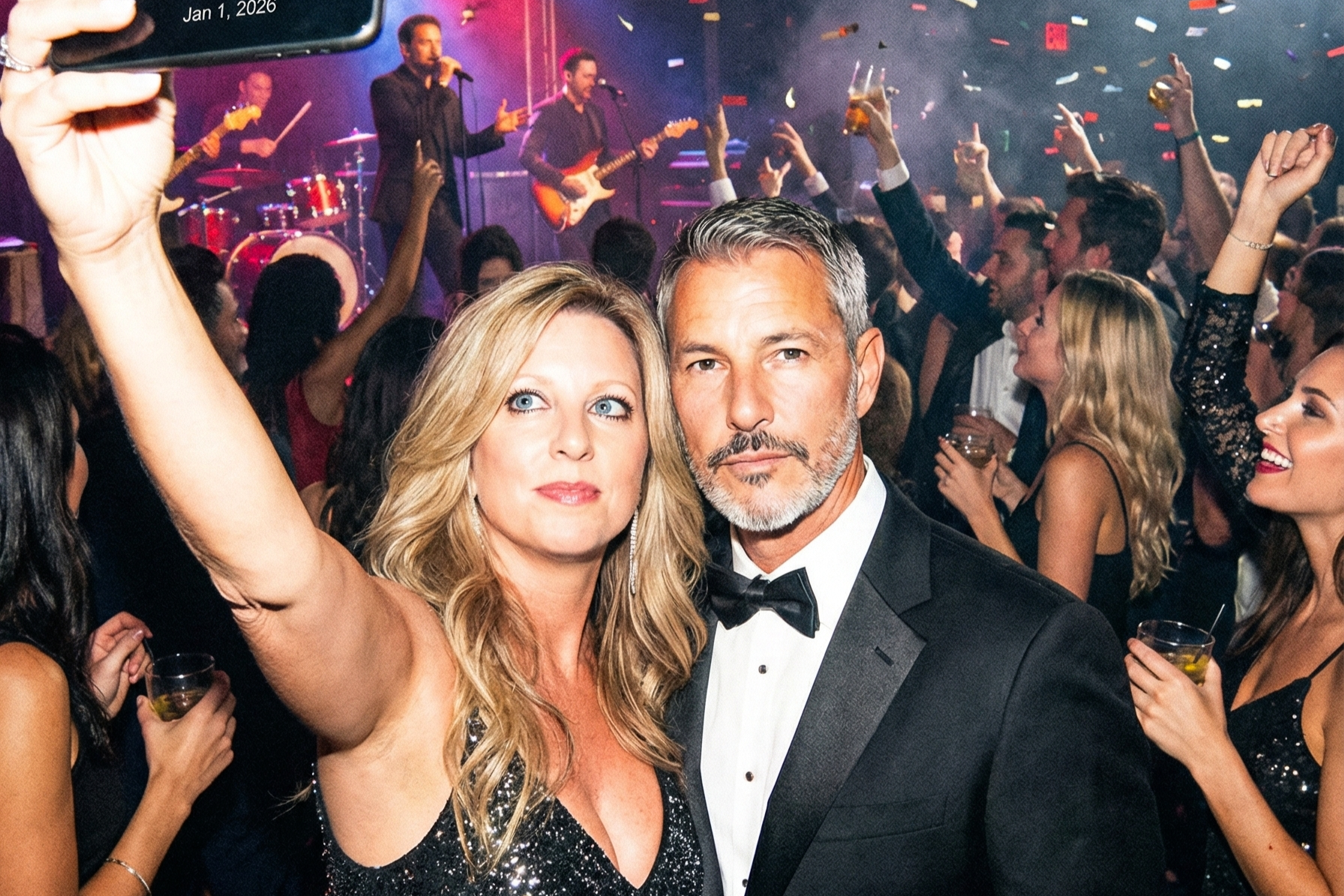 Selfie of Heather Killebrew and Joey Montes celebrating at a crowded party with confetti falling and a timestamp reading Jan 1, 2026.
