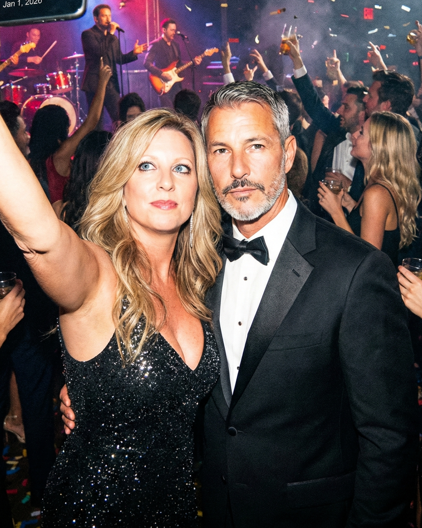 Selfie of Heather Killebrew and Joey Montes celebrating at a Las Vegas party with confetti falling and a timestamp reading Jan 1, 2026.