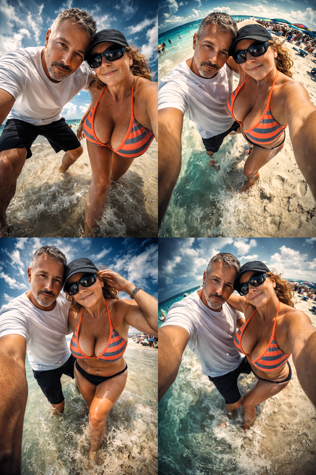 A 2x2 photo collage of Joey Montes and Heather Killebrew enjoying a sunny beach day in Destin, Florida.