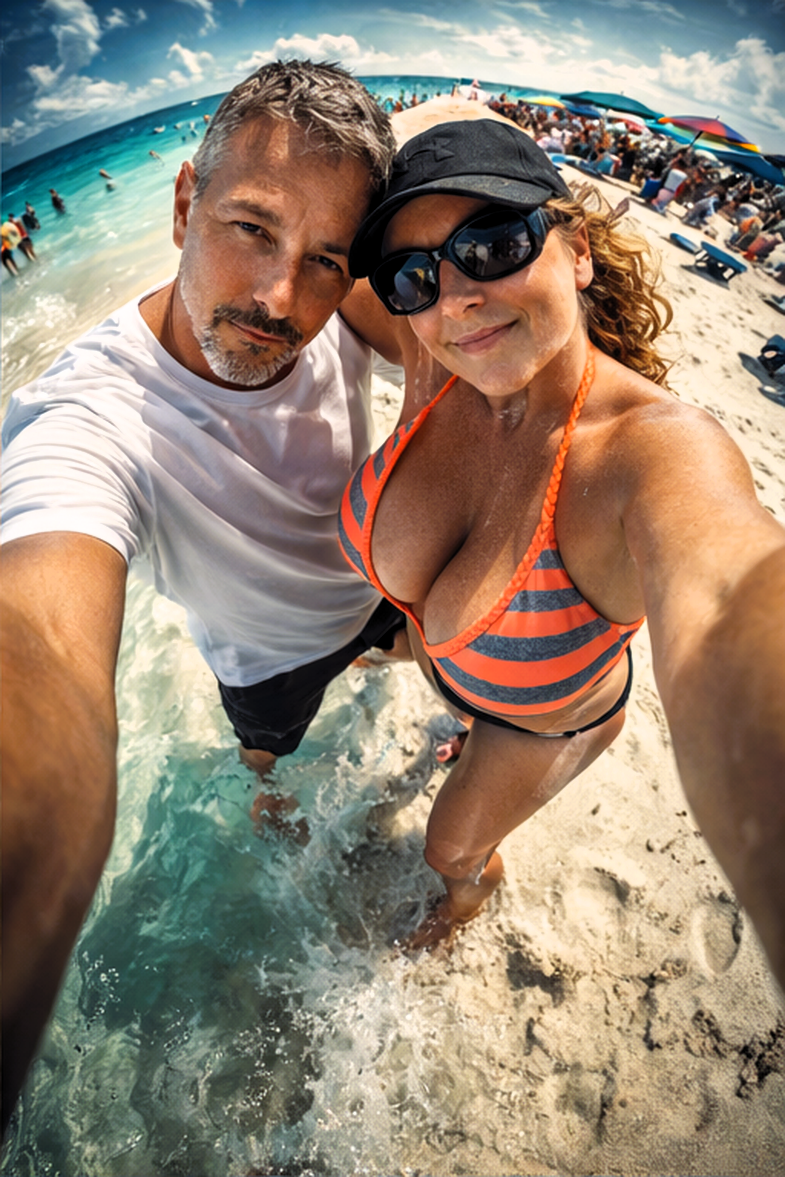 High-angle wide selfie of Joey Montes and Heather Killebrew on the white sands of Destin beach.