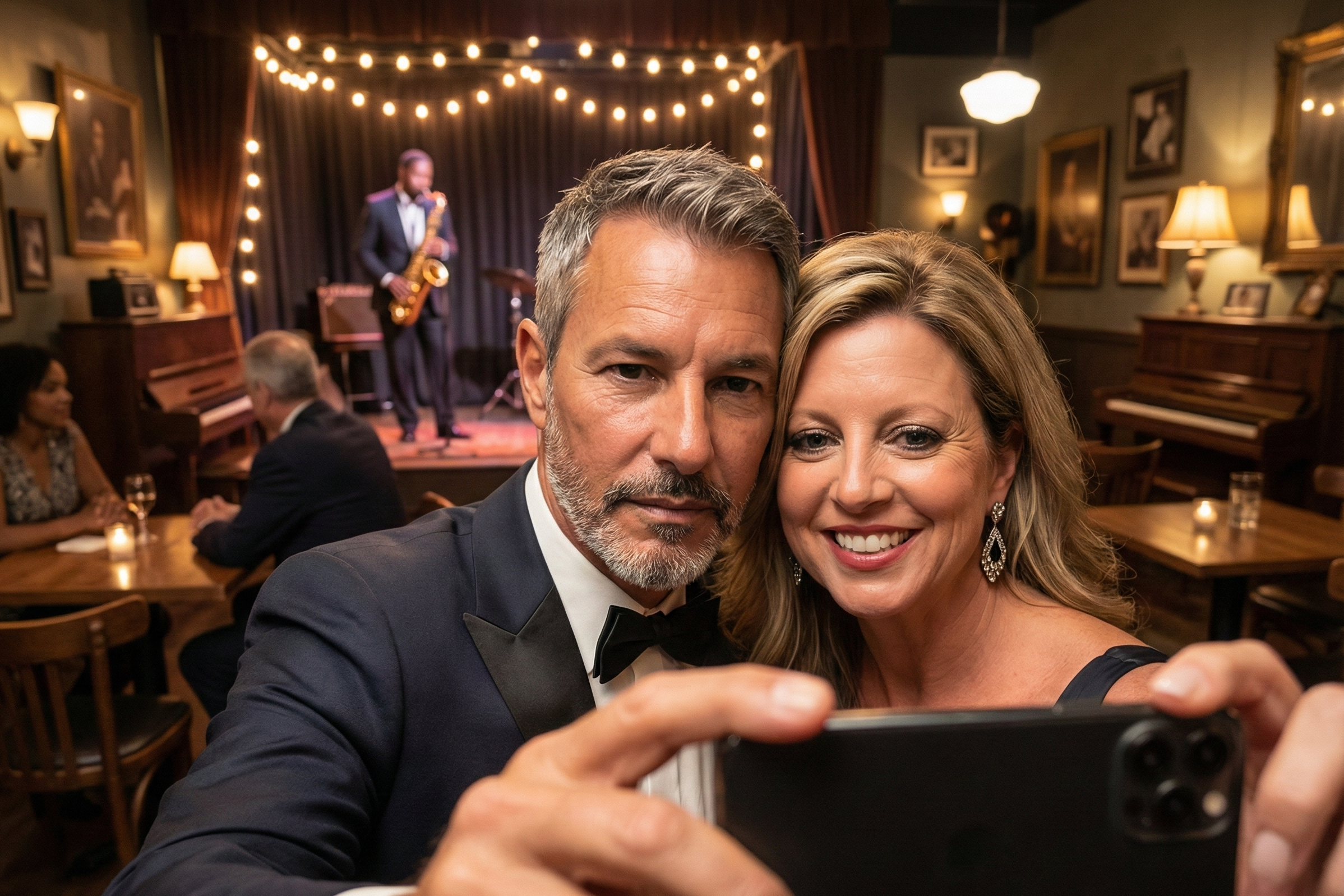 Formal selfie of Joey Montes in a tuxedo and Heather Killebrew at a jazz club with a saxophone player in the background.