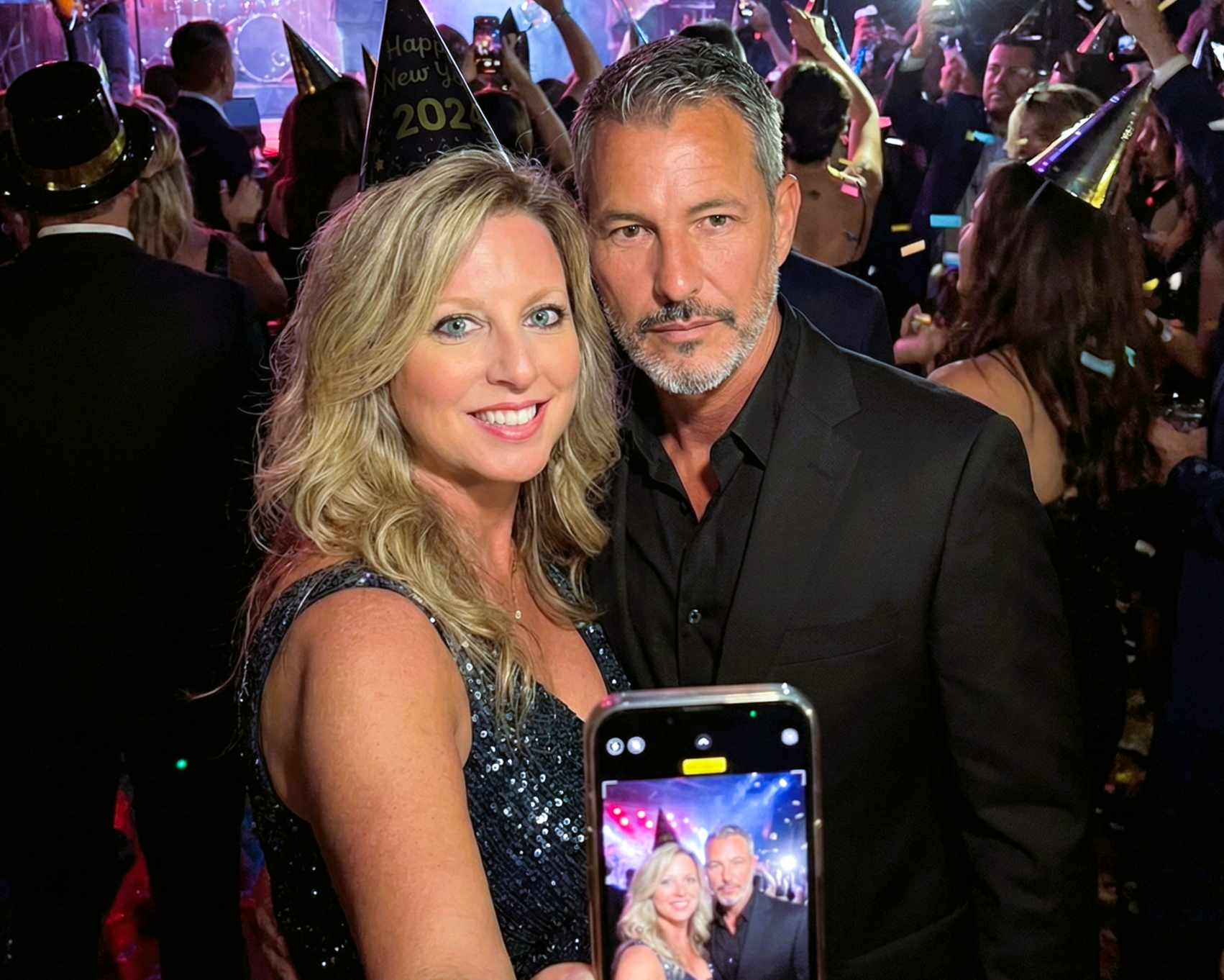 A photo of Heather Killebrew holding a smartphone, with the screen displaying a selfie of her and Joey Montes at a New Year's Eve party.