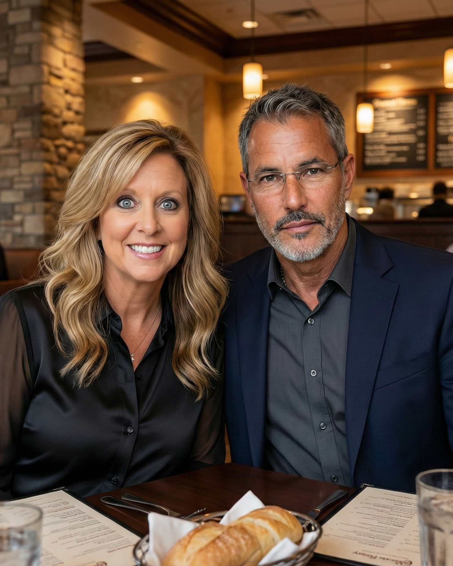 Portrait of Heather Killebrew and Joey Montes with the bread basket at The Cheesecake Factory in Chesterfield, MO.