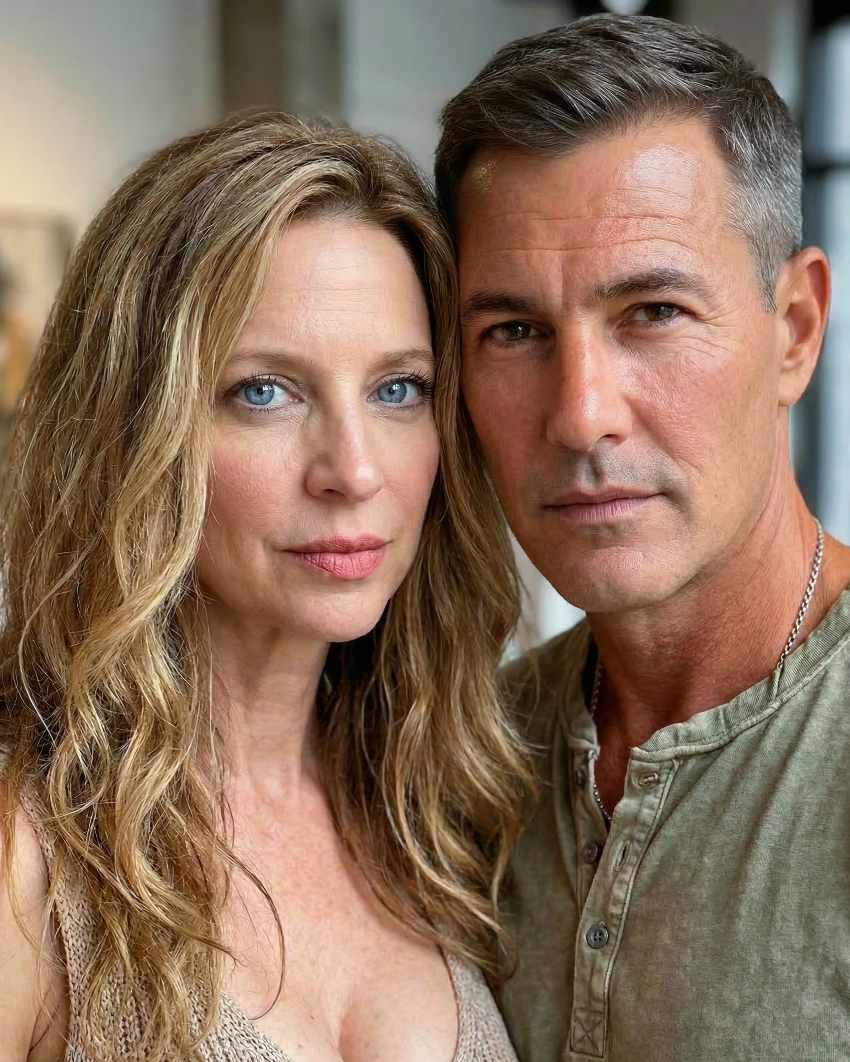 A close-up portrait of Heather wearing a tan knit top in Wildwood, Missouri in 2022.