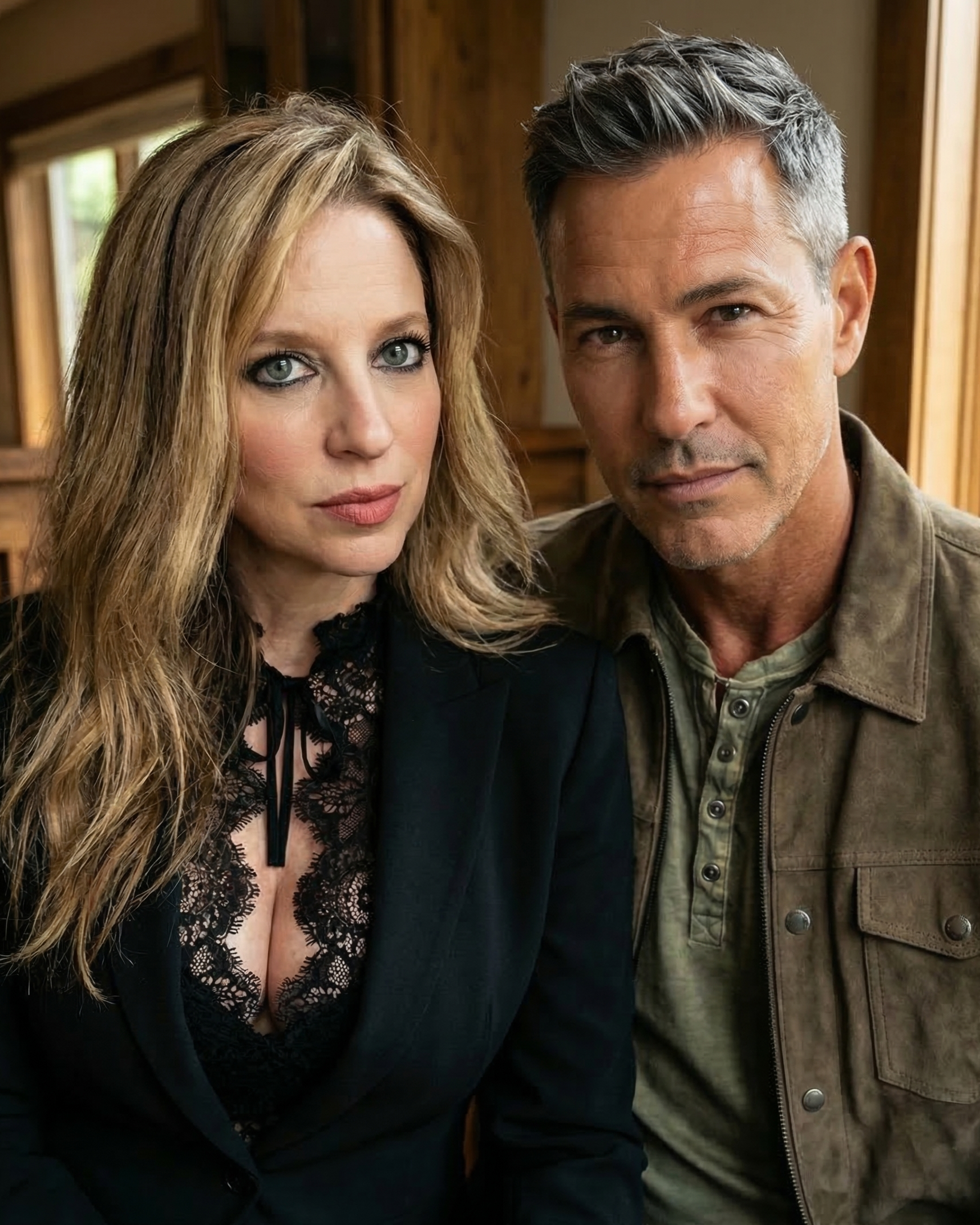 A portrait of Heather wearing a black blazer and lace top in Wildwood, Missouri in 2022.