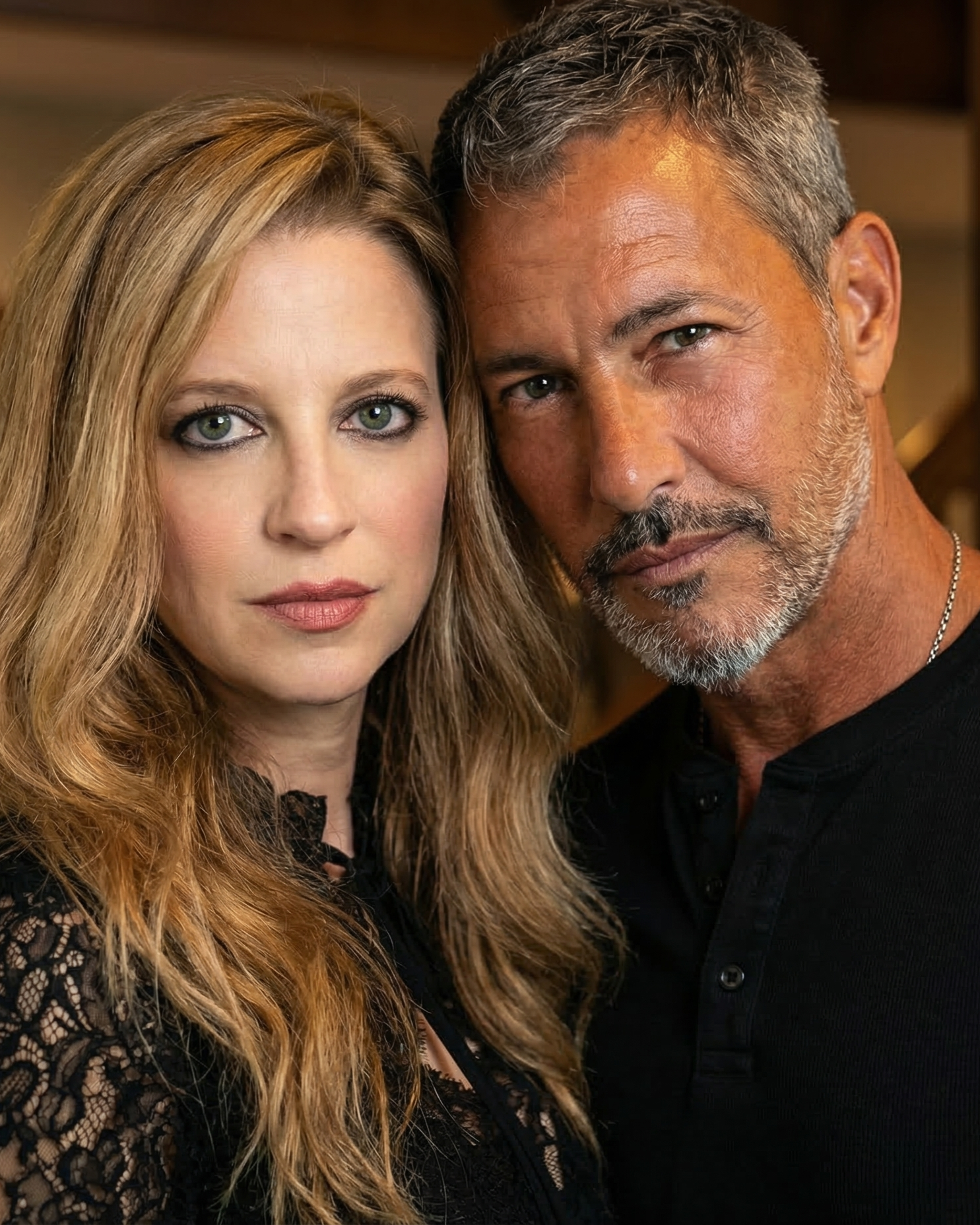 A close-up portrait of Heather wearing a black lace top in Wildwood, Missouri in 2022.